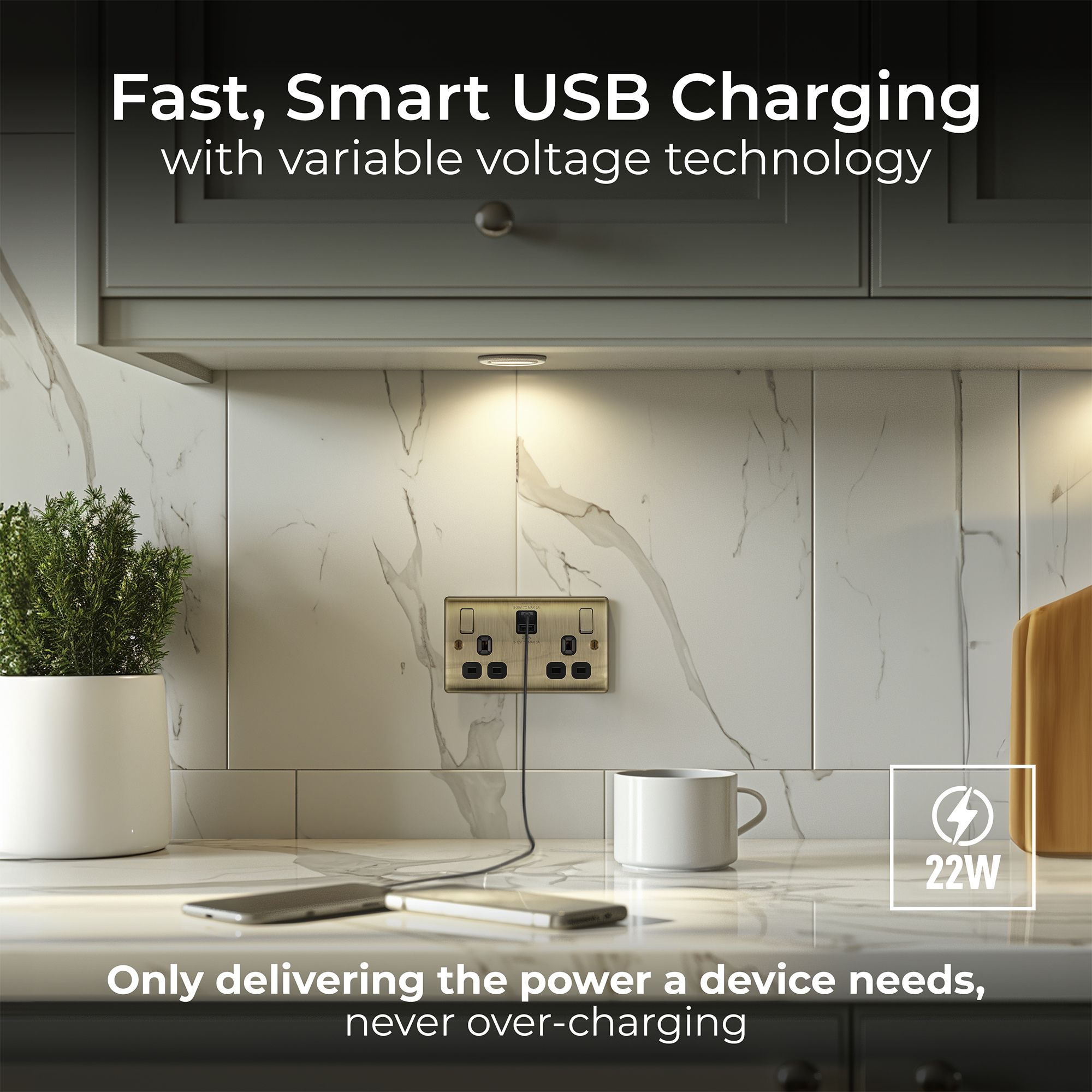 BG Antique Brass Double 13A 22W Raised slim Switched Screwed Socket with USB, x2 & Black inserts