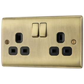 BG Antique Brass Double 13A Switched Socket & Black inserts