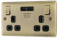 BG Antique Brass Double 13A Switched Socket with USB x2 3.1A & Black inserts