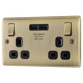 BG Antique Brass Double 13A Switched Socket with USB x2 & Black inserts