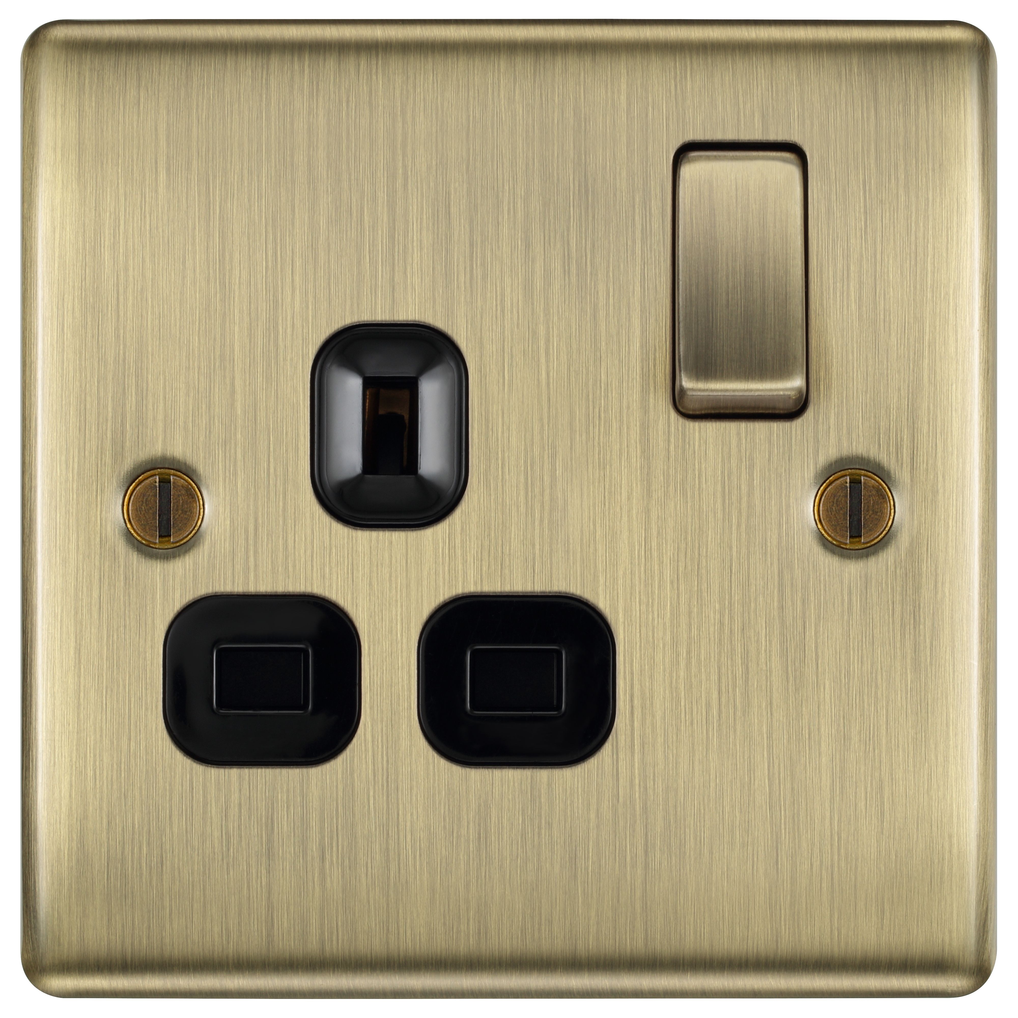 BG Antique Brass Single 13A Switched Socket & Black inserts