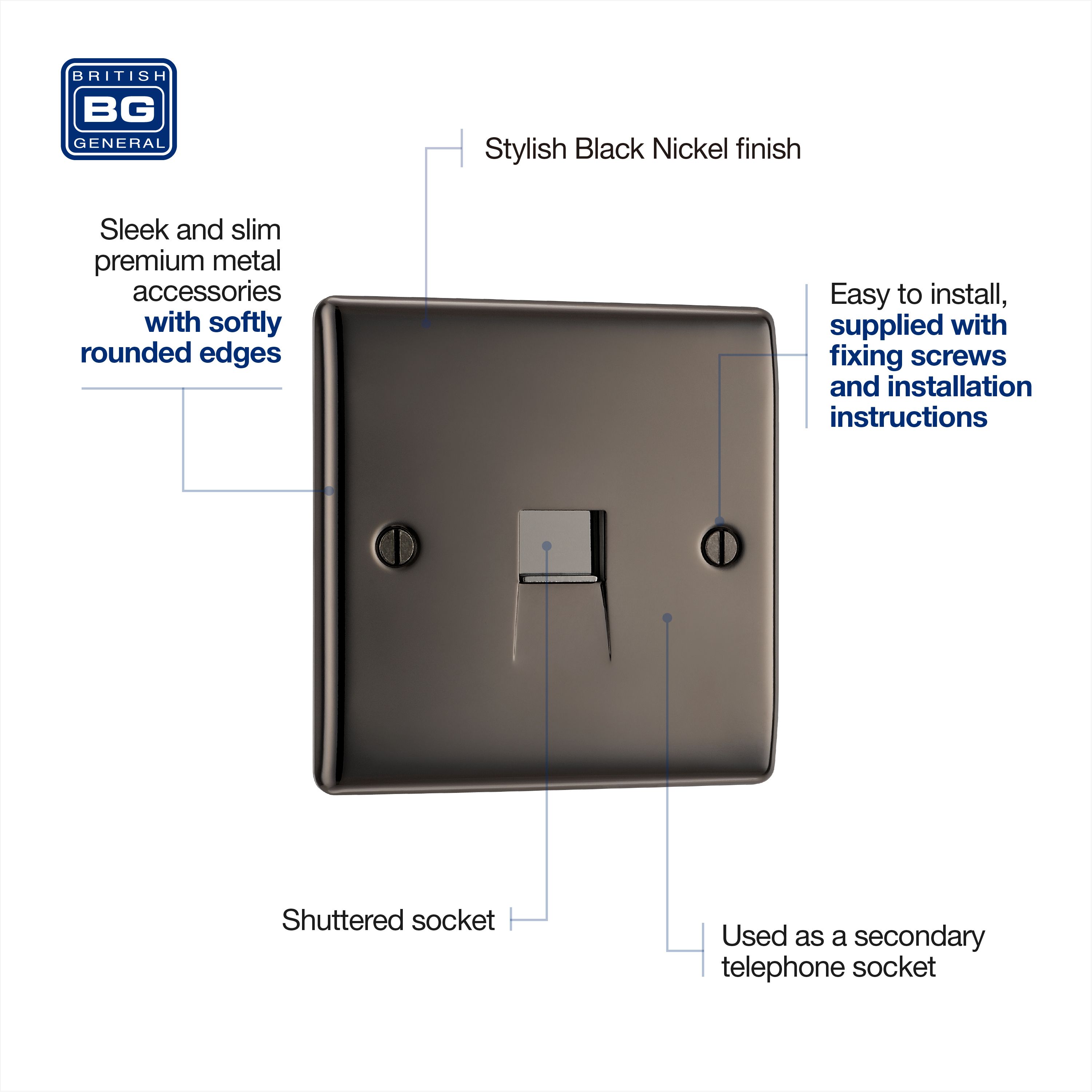 BG Black Nickel 1 gang Slave telephone socket