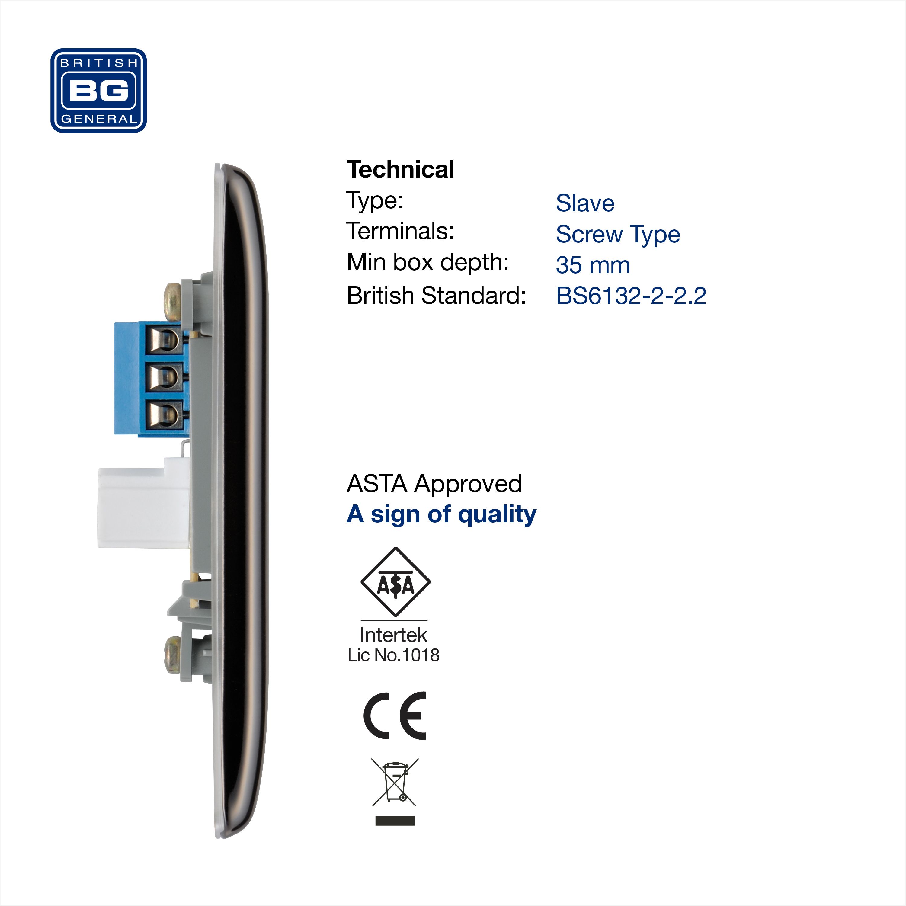 BG Black Nickel 1 gang Slave telephone socket