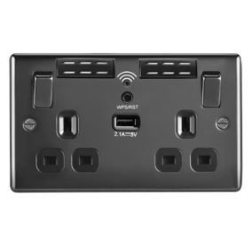 BG Black Nickel 13A Raised slim Switched Double Screwed WiFi extender socket with USB