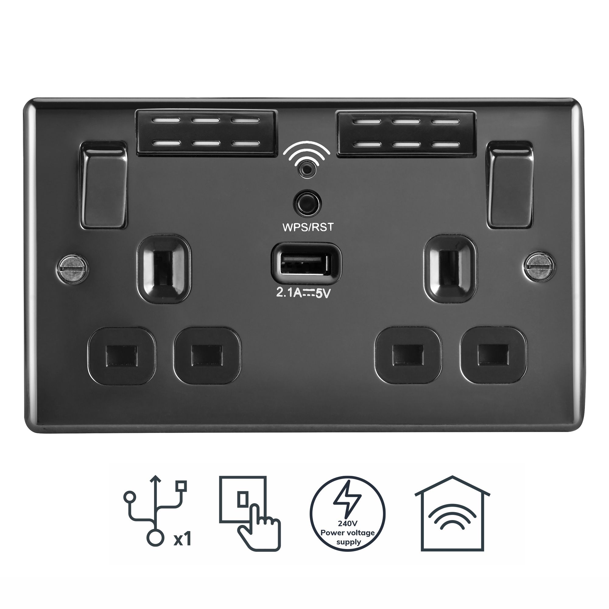 BG Black Nickel 13A Switched Double WiFi extender socket with USB