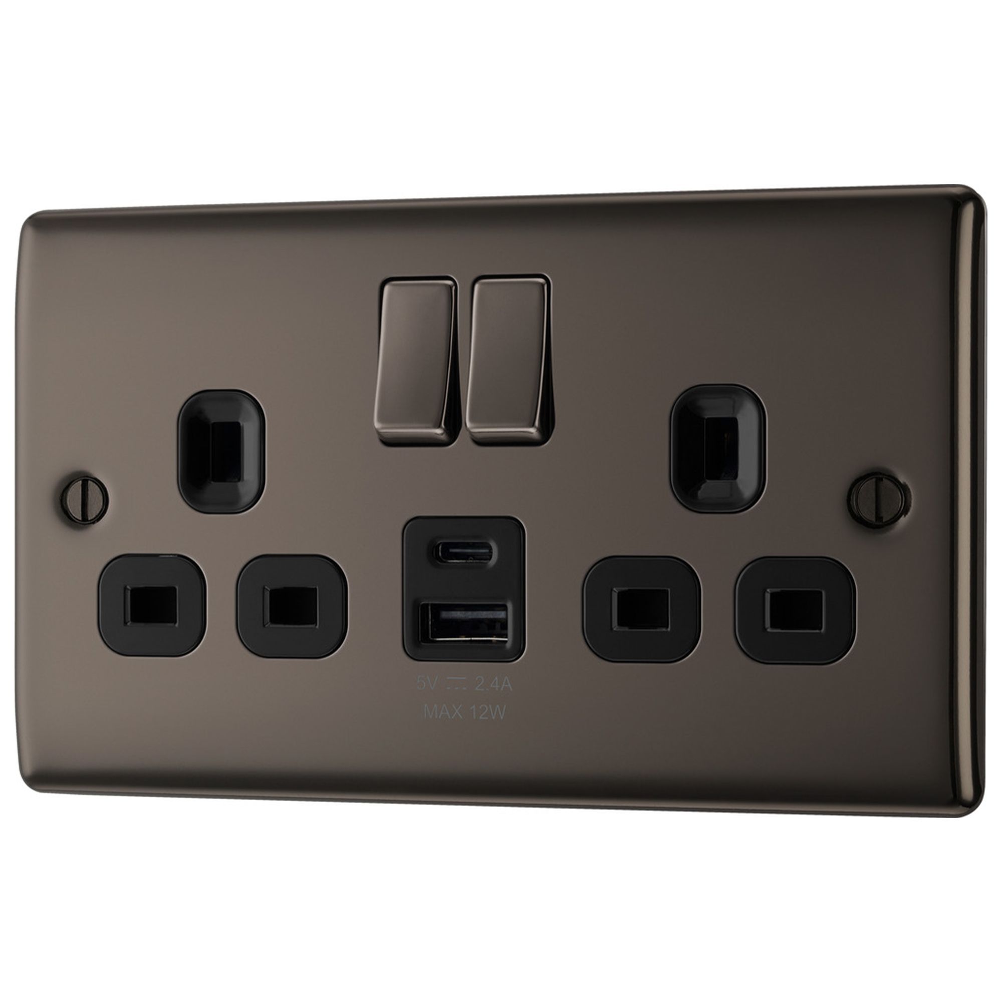 BG Black Nickel Double 13A 12W Raised slim Switched Screwed Socket with USB, x2 & Black inserts