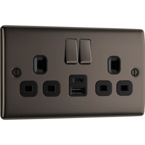 BG Black Nickel Double 13A Raised slim Switched Socket with USB, x2 & Black inserts