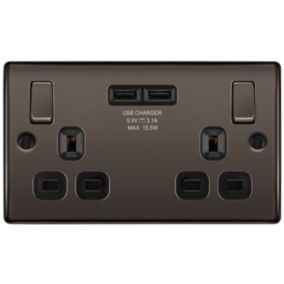 BG Black Nickel Double 13A Screwed Switched Socket with USB x2 & Black inserts