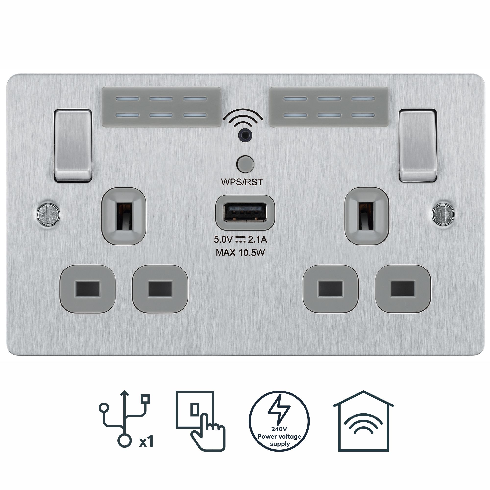 BG Brushed Steel 13A Flat Double WiFi extender socket with USB
