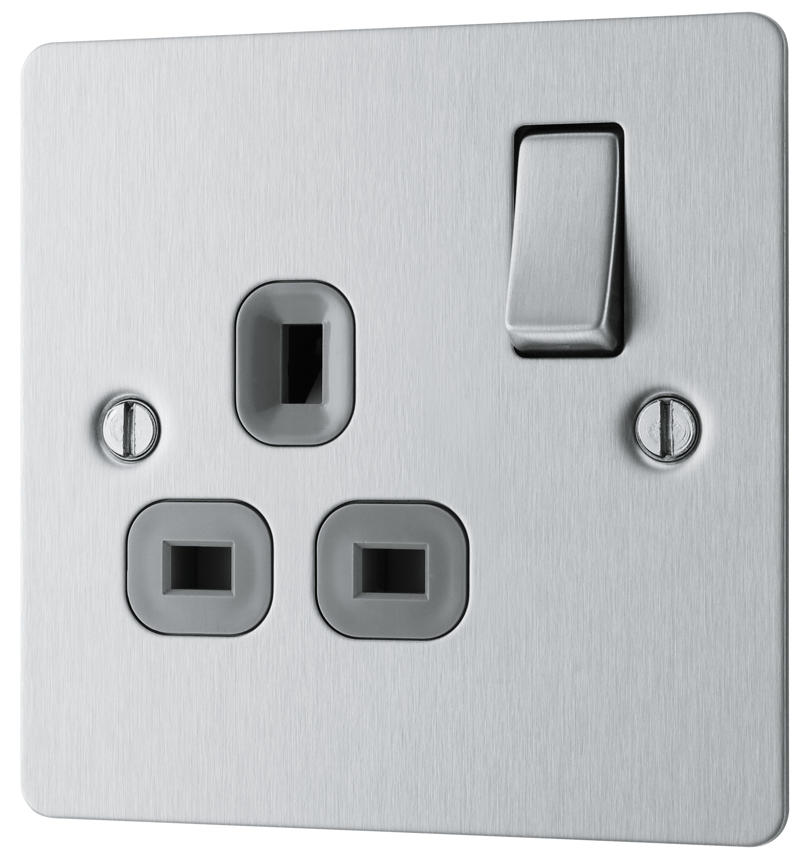 BG Brushed Steel 13A Switched Socket & Grey inserts