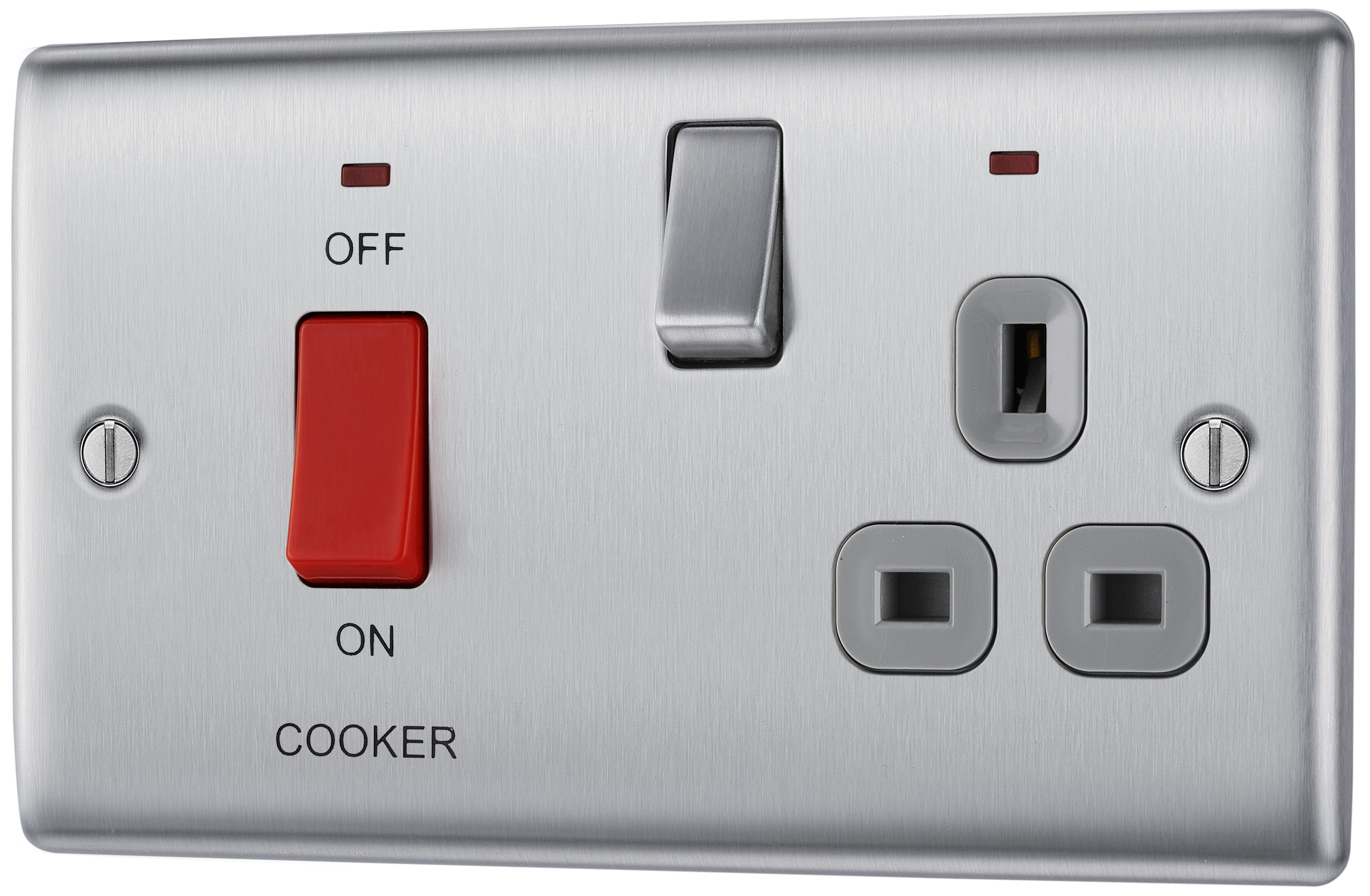 BG Brushed Steel Cooker switch & socket with neon & Grey inserts