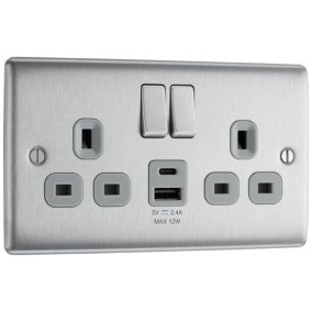 BG Brushed Steel Double 13A 12W Raised slim Switched Screwed Socket with USB, x2 & Grey inserts