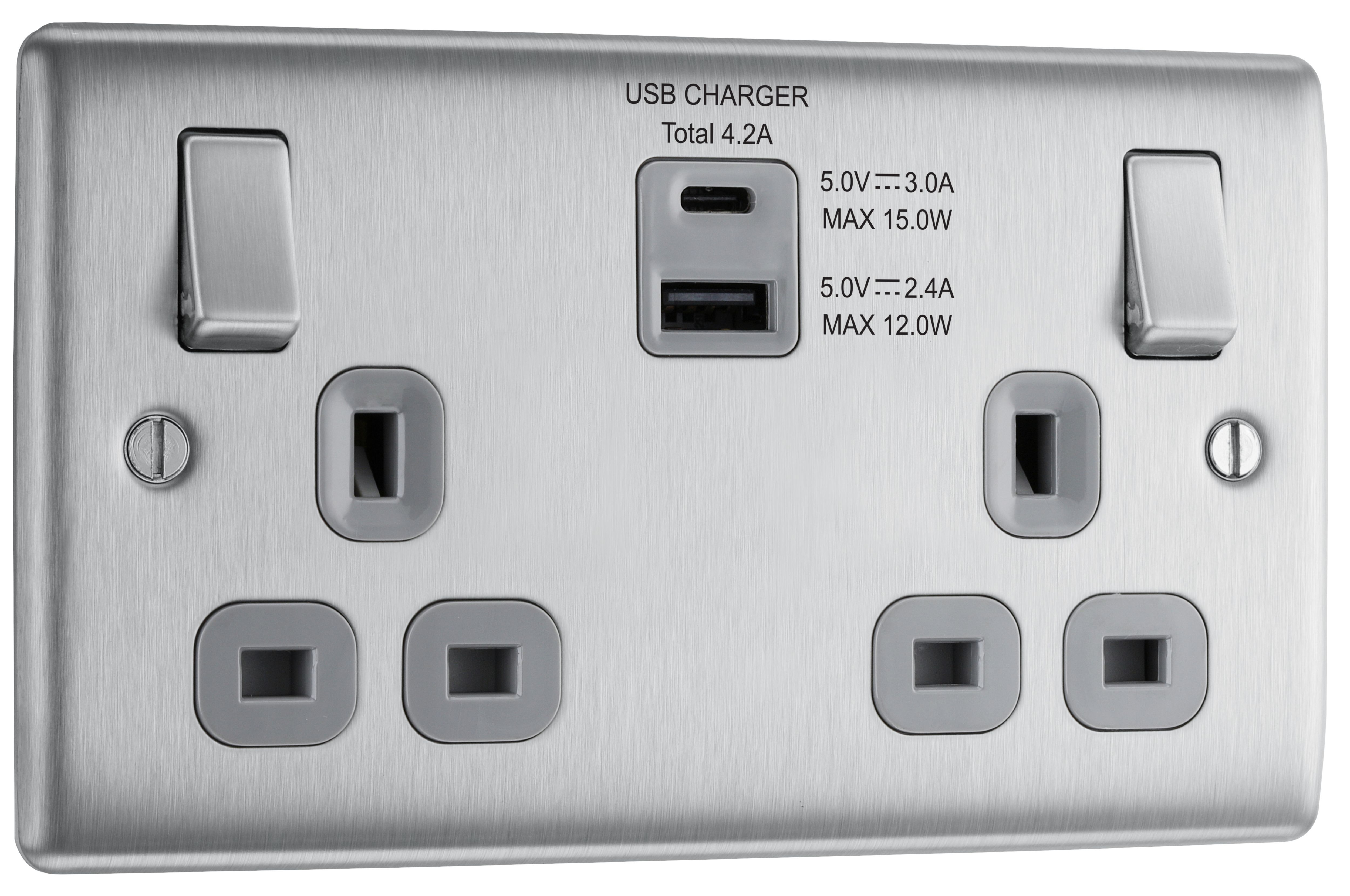 BG Brushed Steel Double 13A Switched Socket with USB x2 4.2A & Grey inserts
