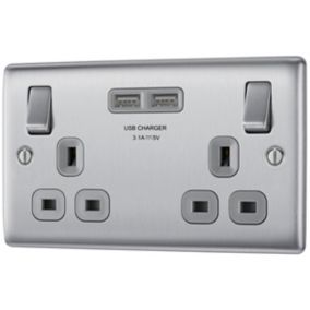BG Brushed Steel Double 13A Switched Socket with USB x2 & Grey inserts