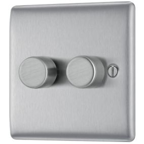 BG Brushed Steel Raised slim profile Double 2 way 400W Screwed Dimmer switch