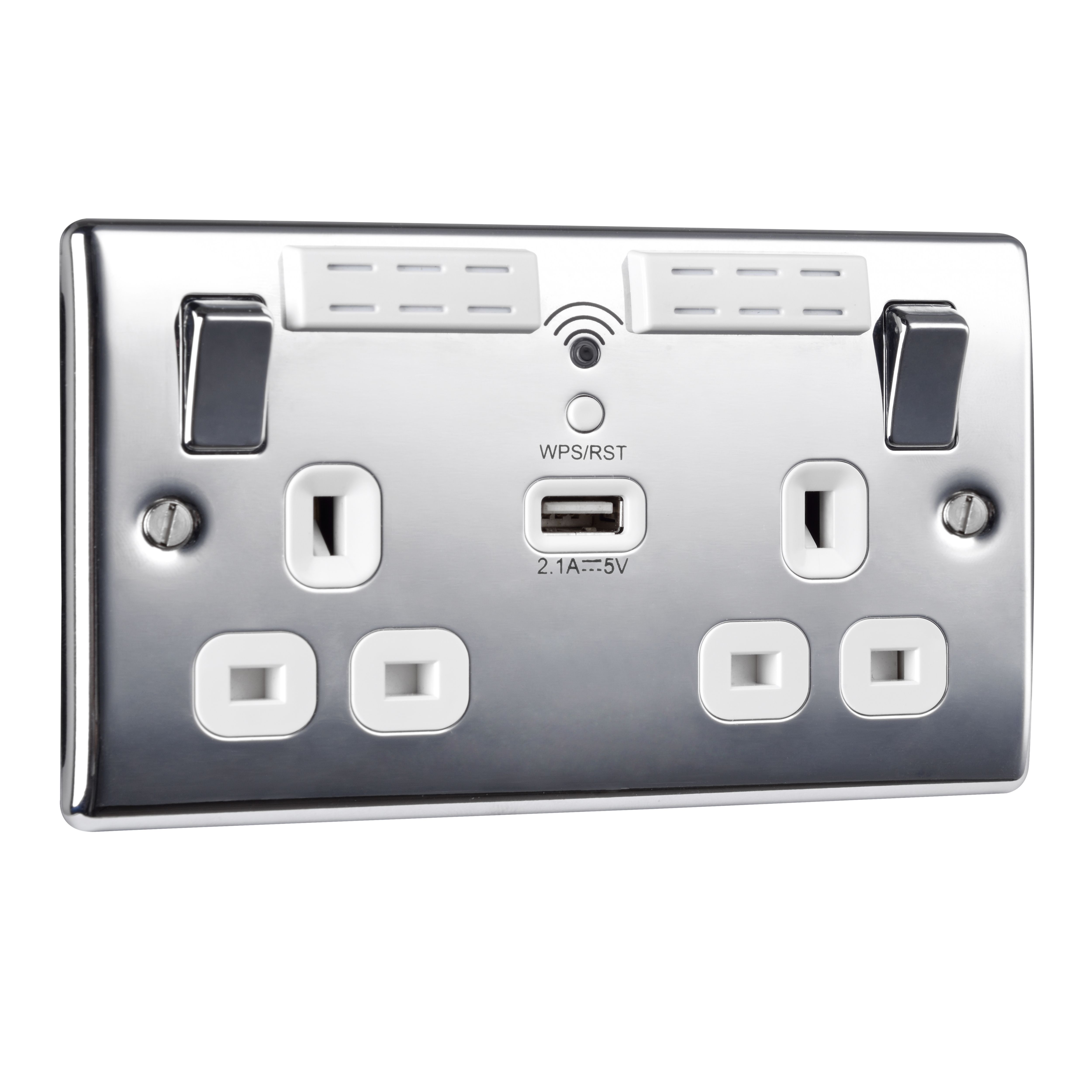 BG Chrome 13A Switched Double WiFi extender socket with USB 