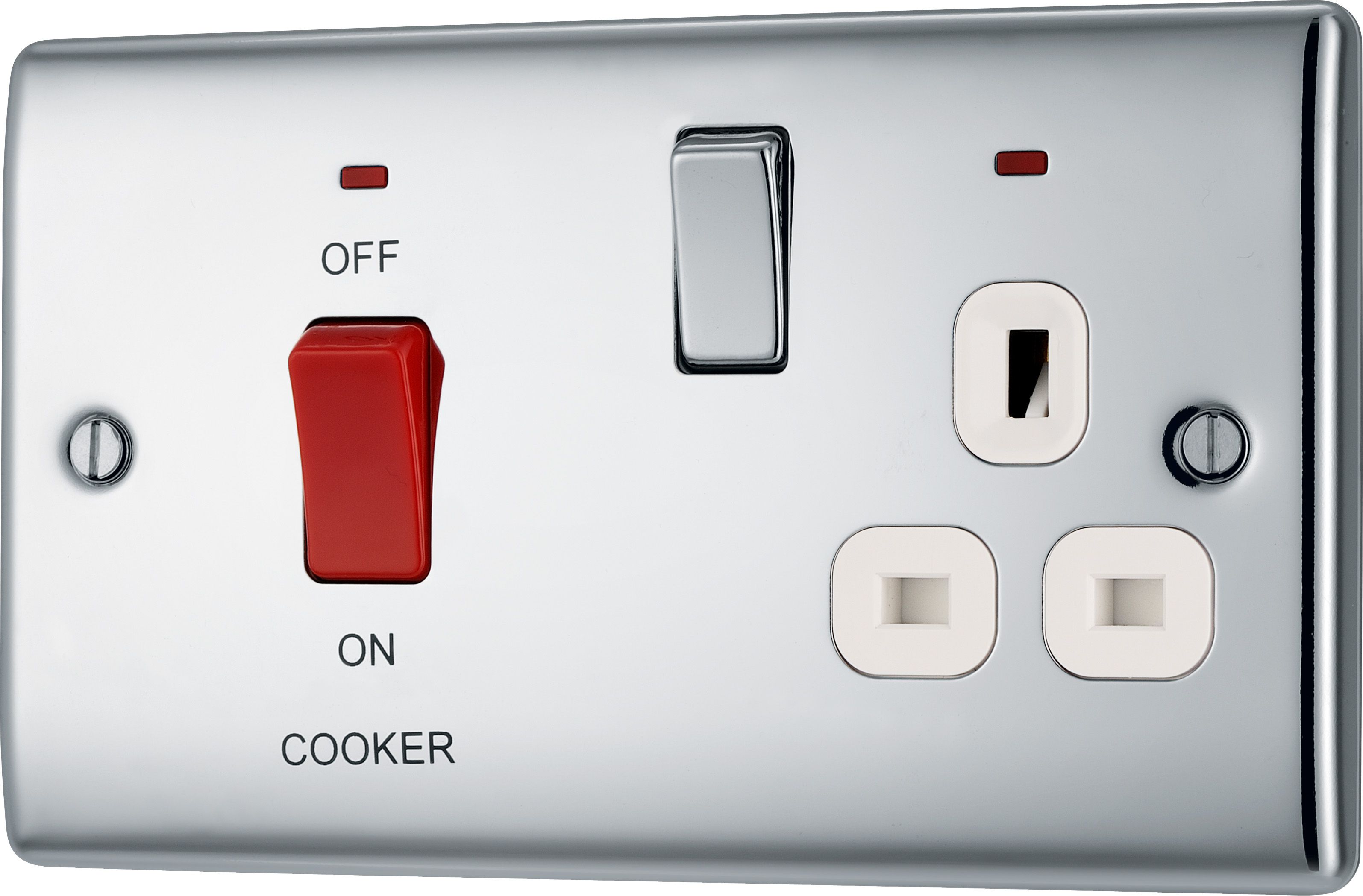 BG Chrome Cooker switch & socket with neon & White inserts