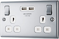 BG Chrome Double 13A Switched Socket with USB x2 3.1A & White inserts