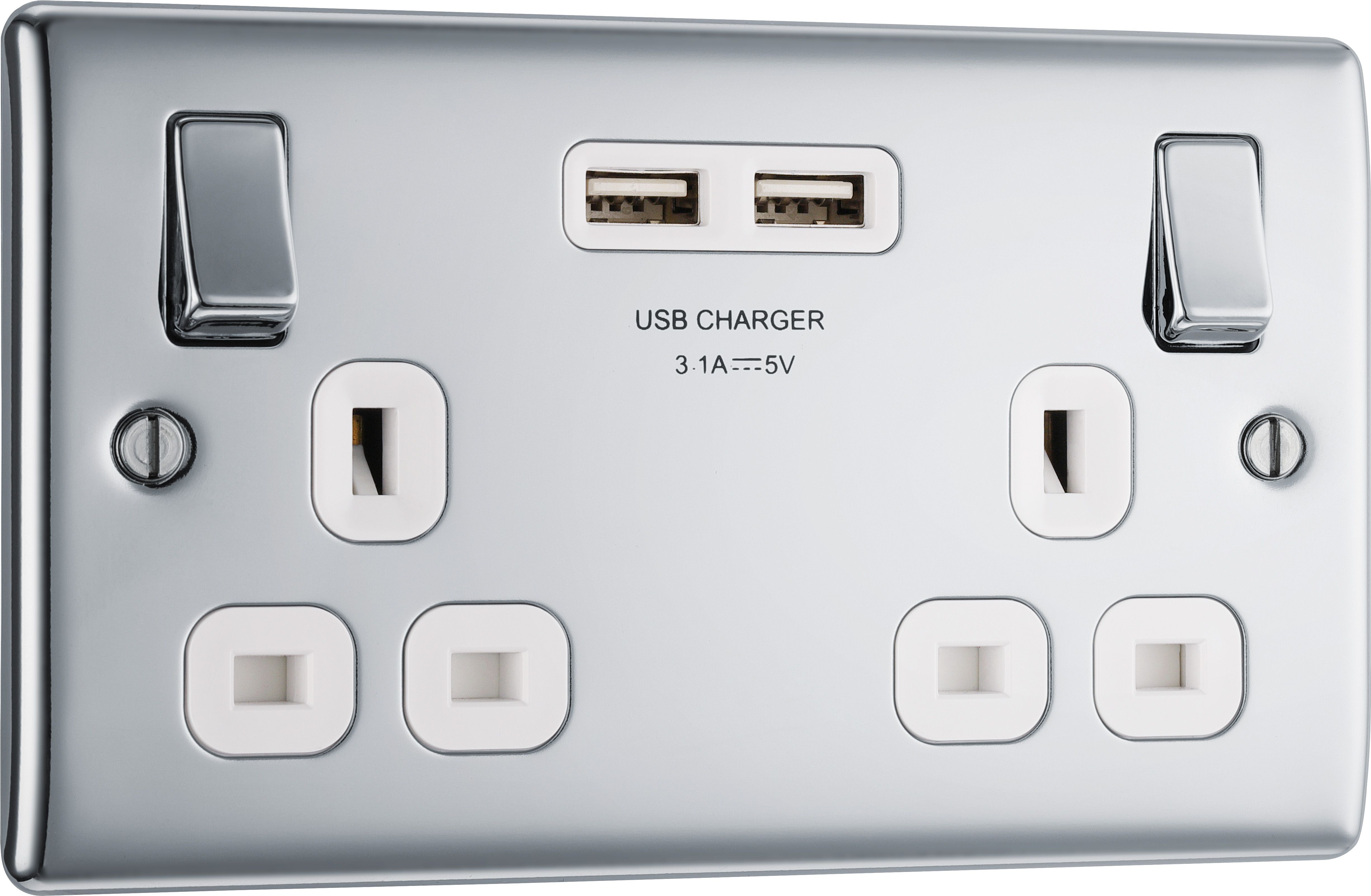 BG Chrome Double 13A Switched Socket with USB x2 3.1A & White inserts