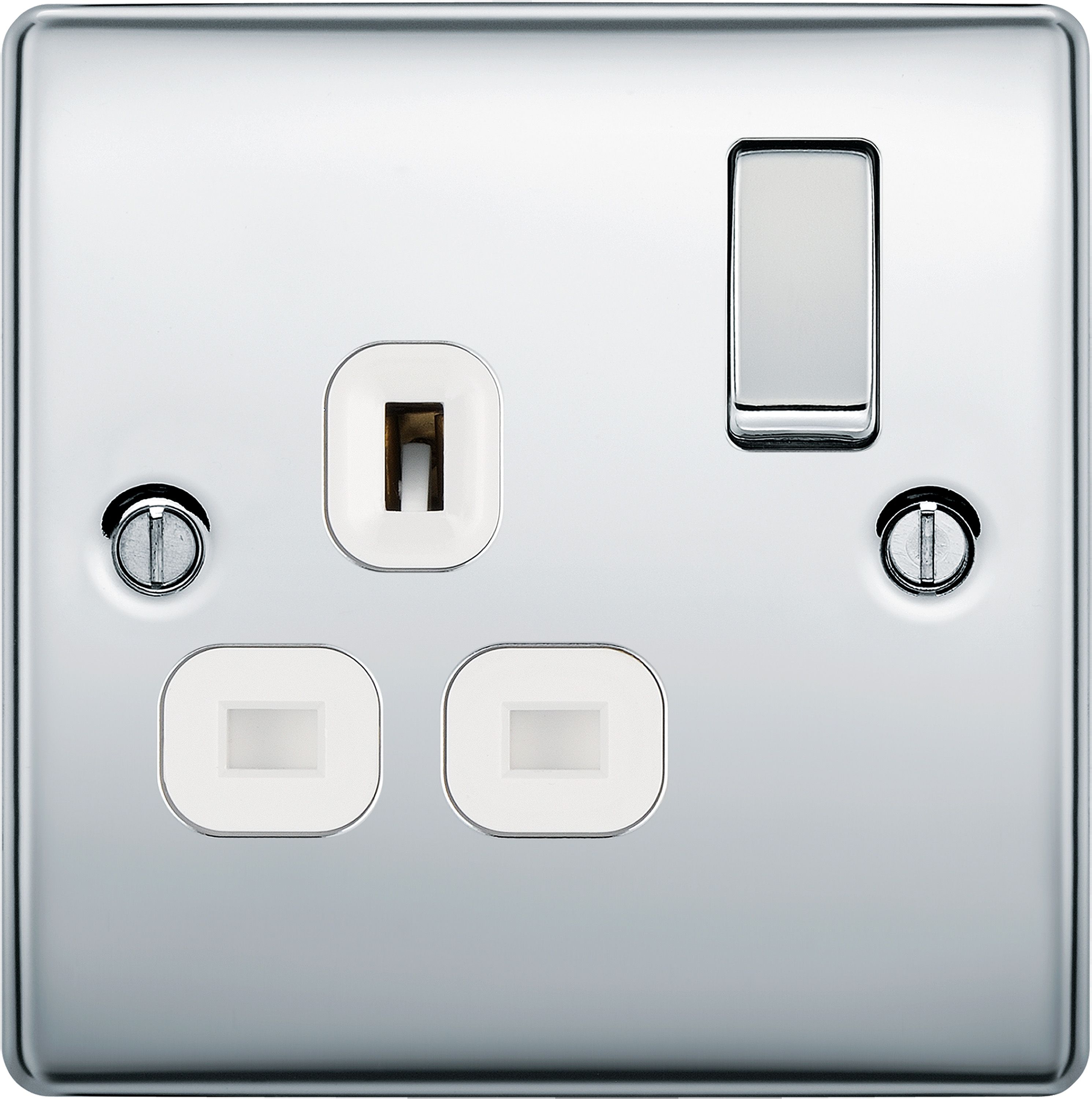 BG Chrome Single 13A Switched Socket & White inserts