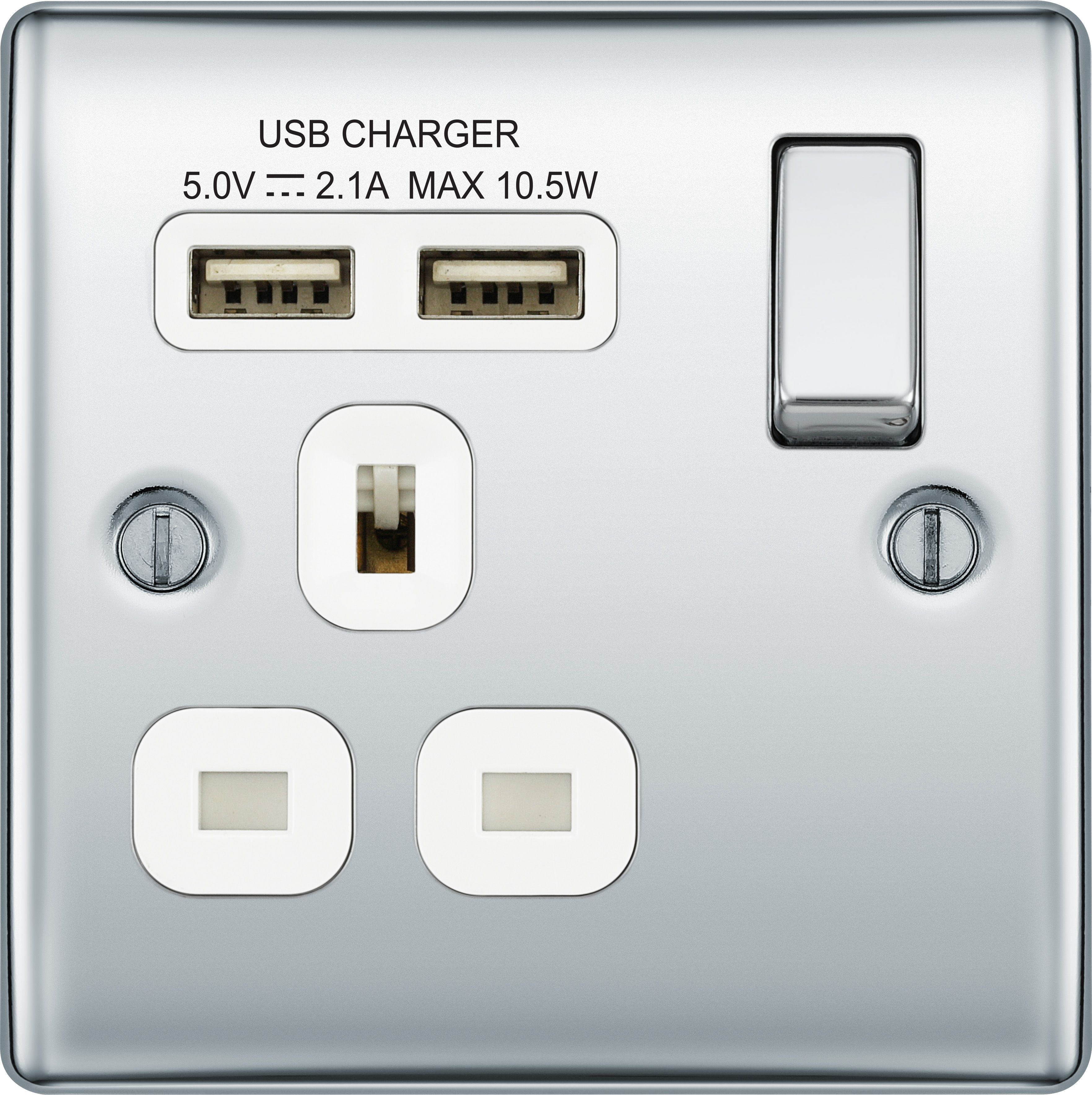 BG Chrome Single 13A Switched Socket with USB x2 & White inserts