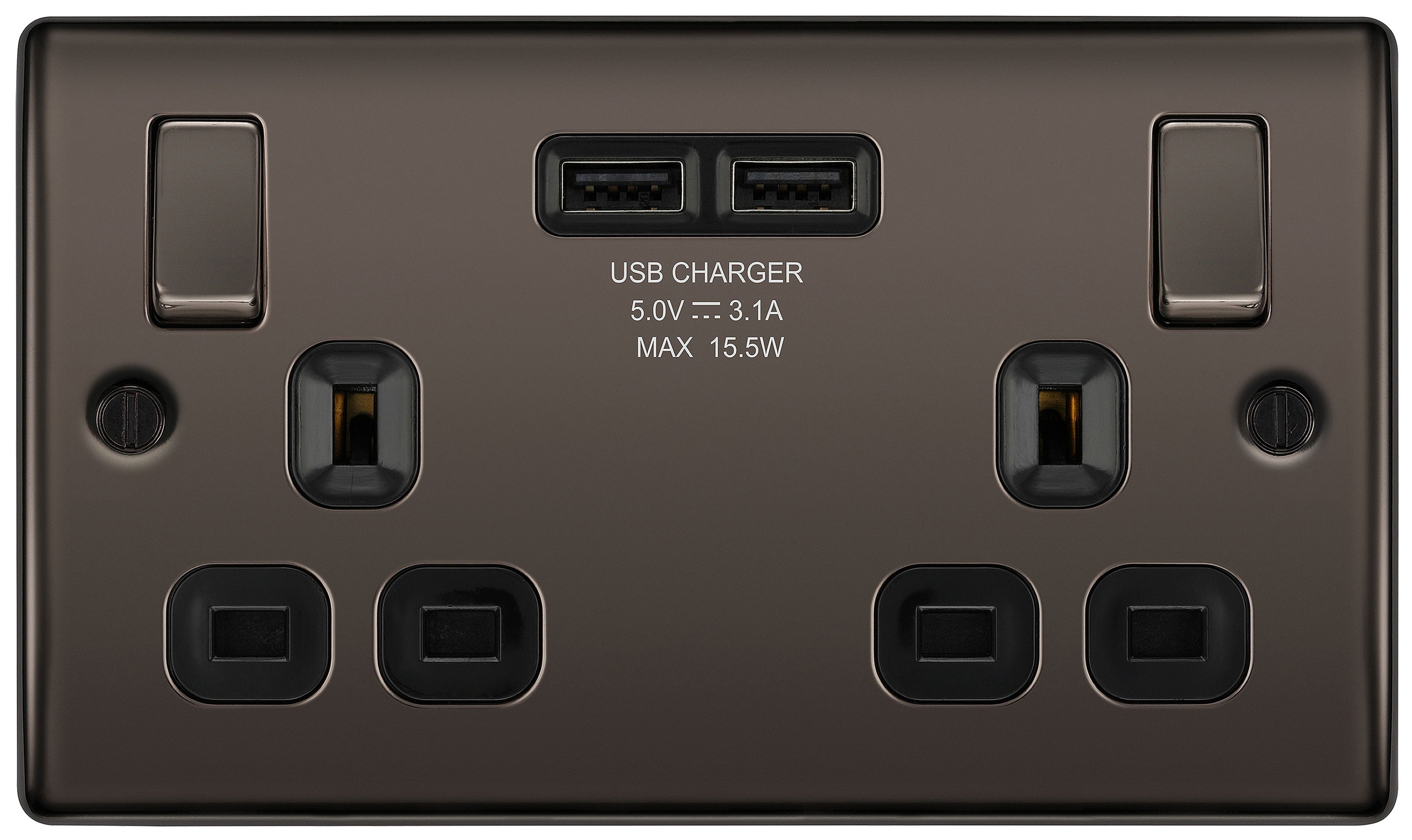 BG Double 13A Switched Gloss Black Socket with USB x2 3.1A