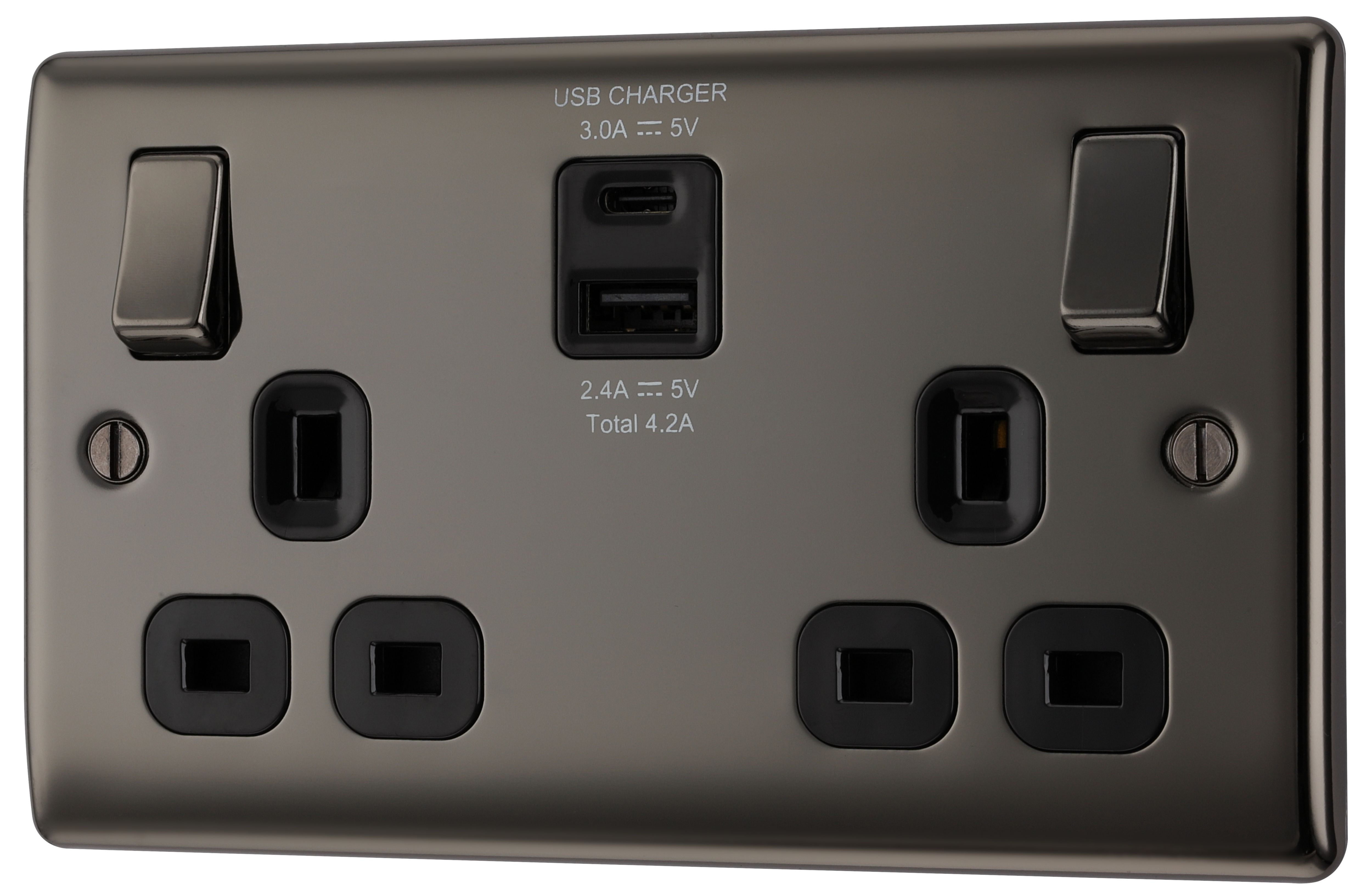 BG Double 13A Switched Gloss Black Socket with USB x2 4.2A 