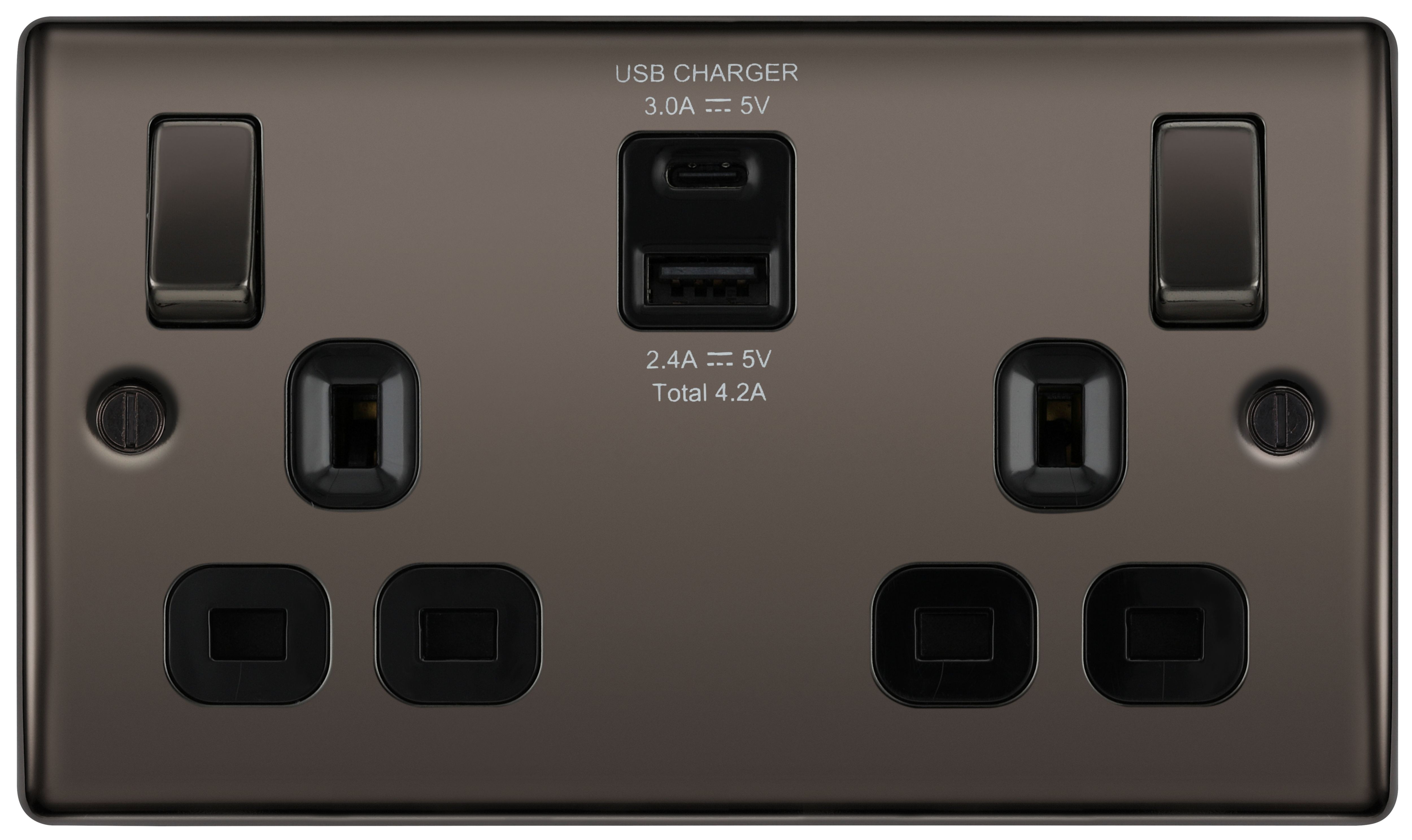 BG Double 13A Switched Gloss Black Socket with USB x2 4.2A