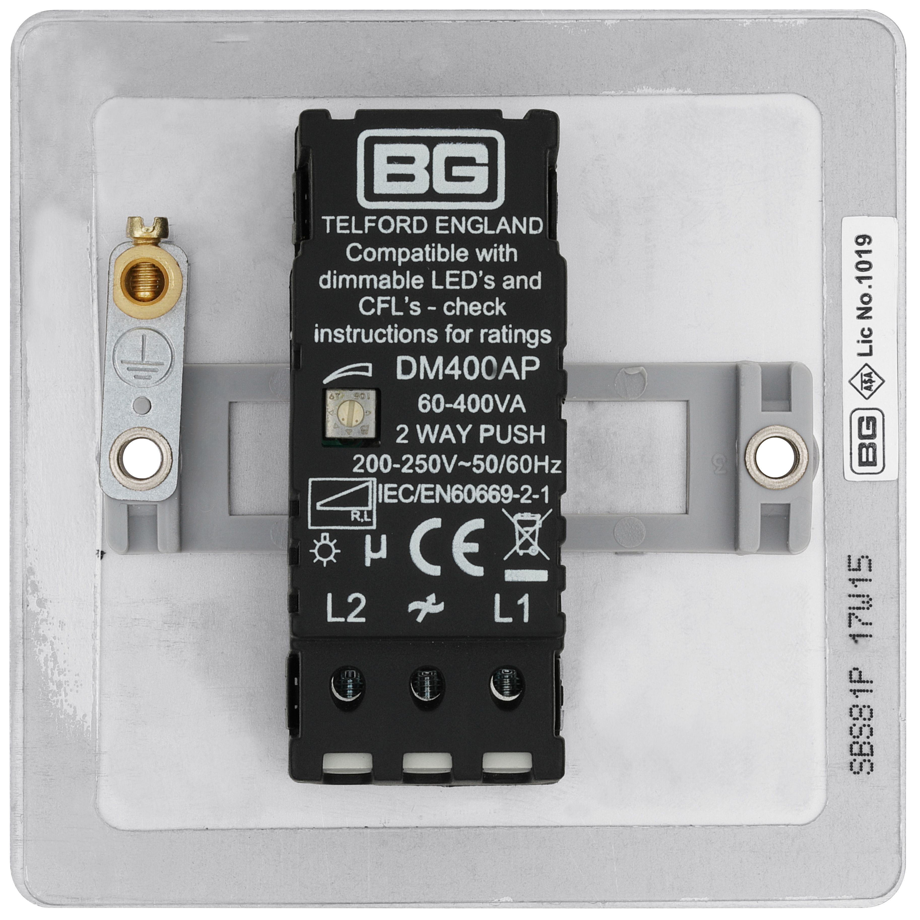 BG Flat Matt Silver Steel effect 1 gang profile Single 400W Dimmer switch