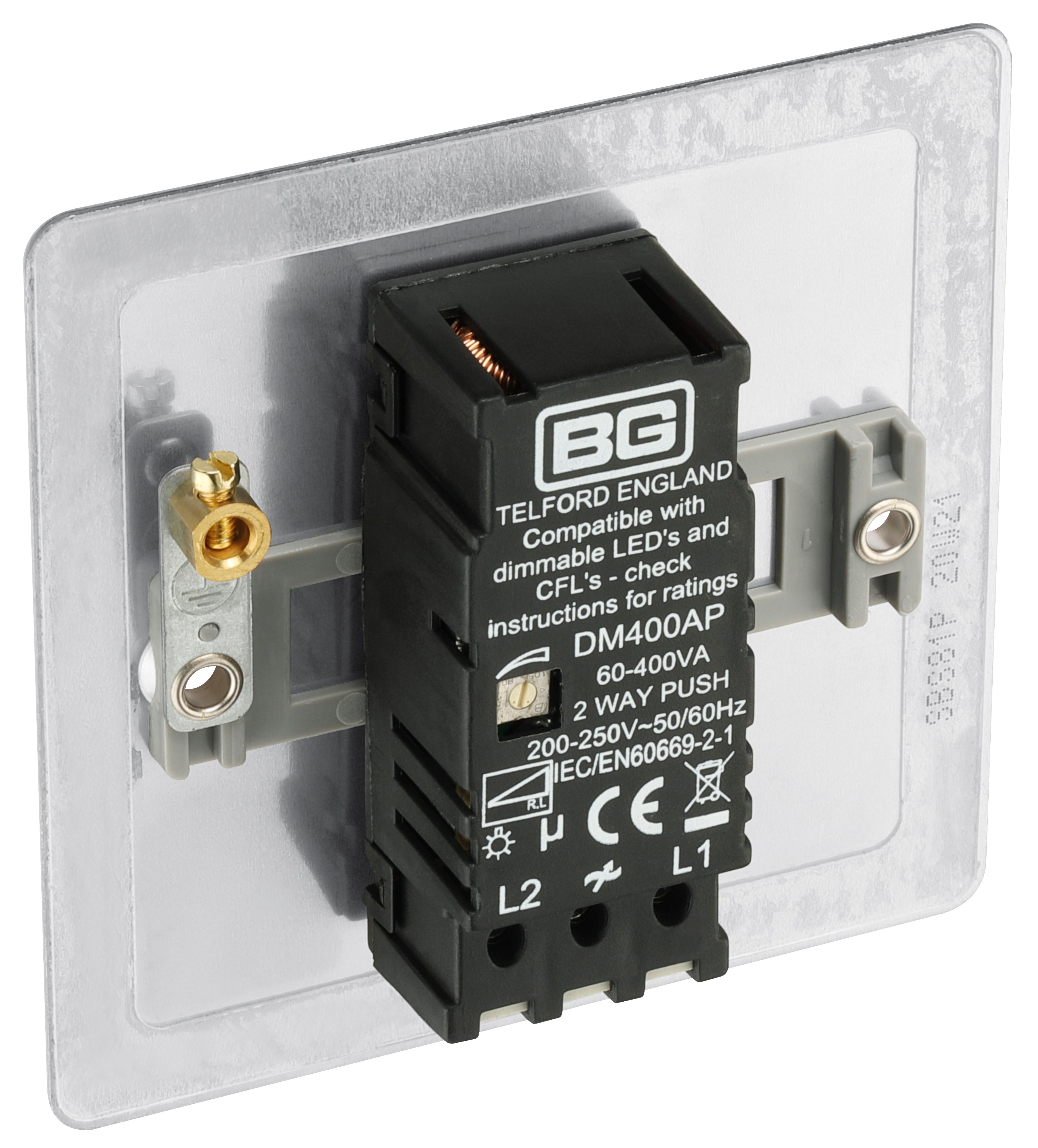 BG Flat Matt Silver Steel effect 1 gang profile Single 400W Dimmer switch