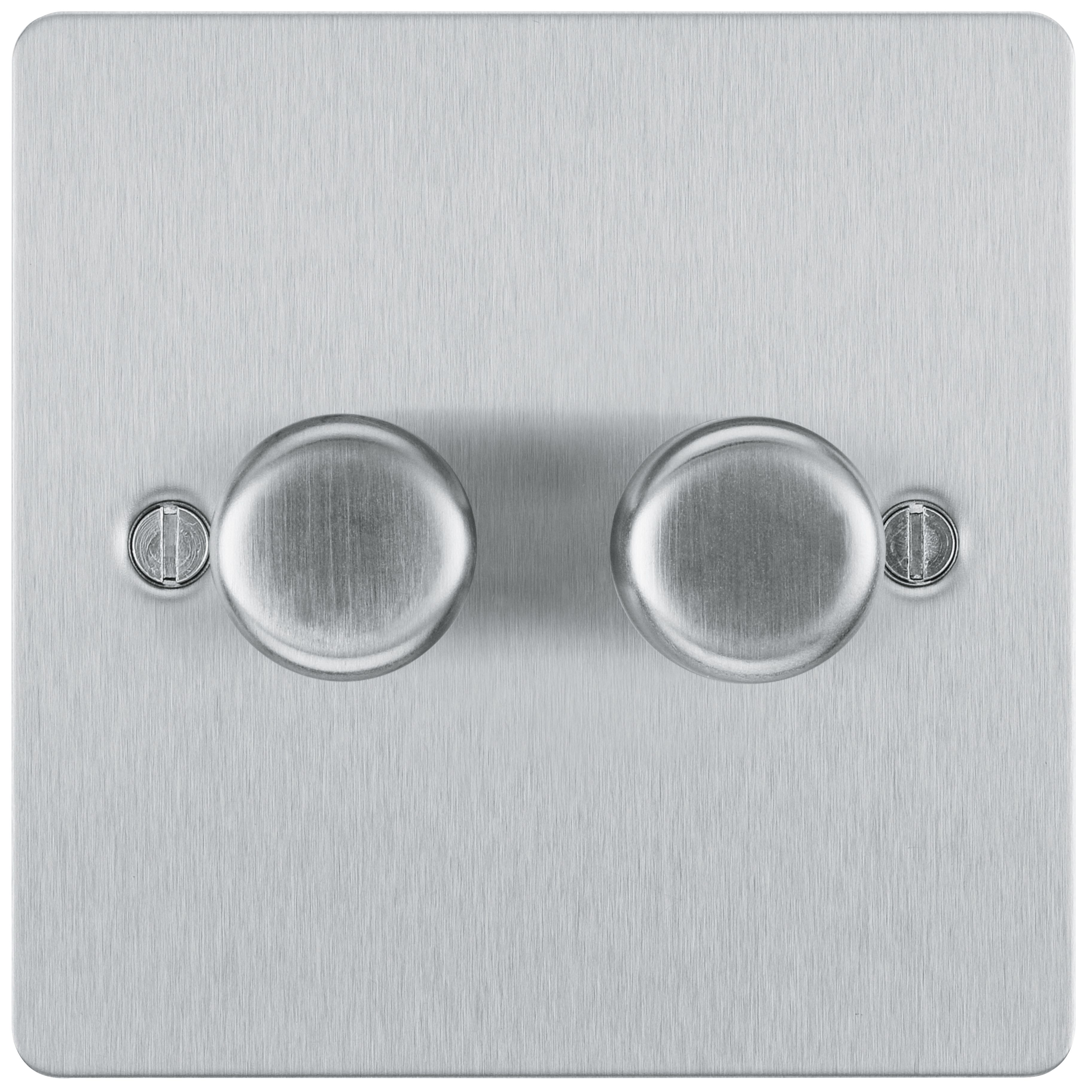 BG Flat Matt Silver Steel effect 2 gang profile Double 400W Dimmer switch
