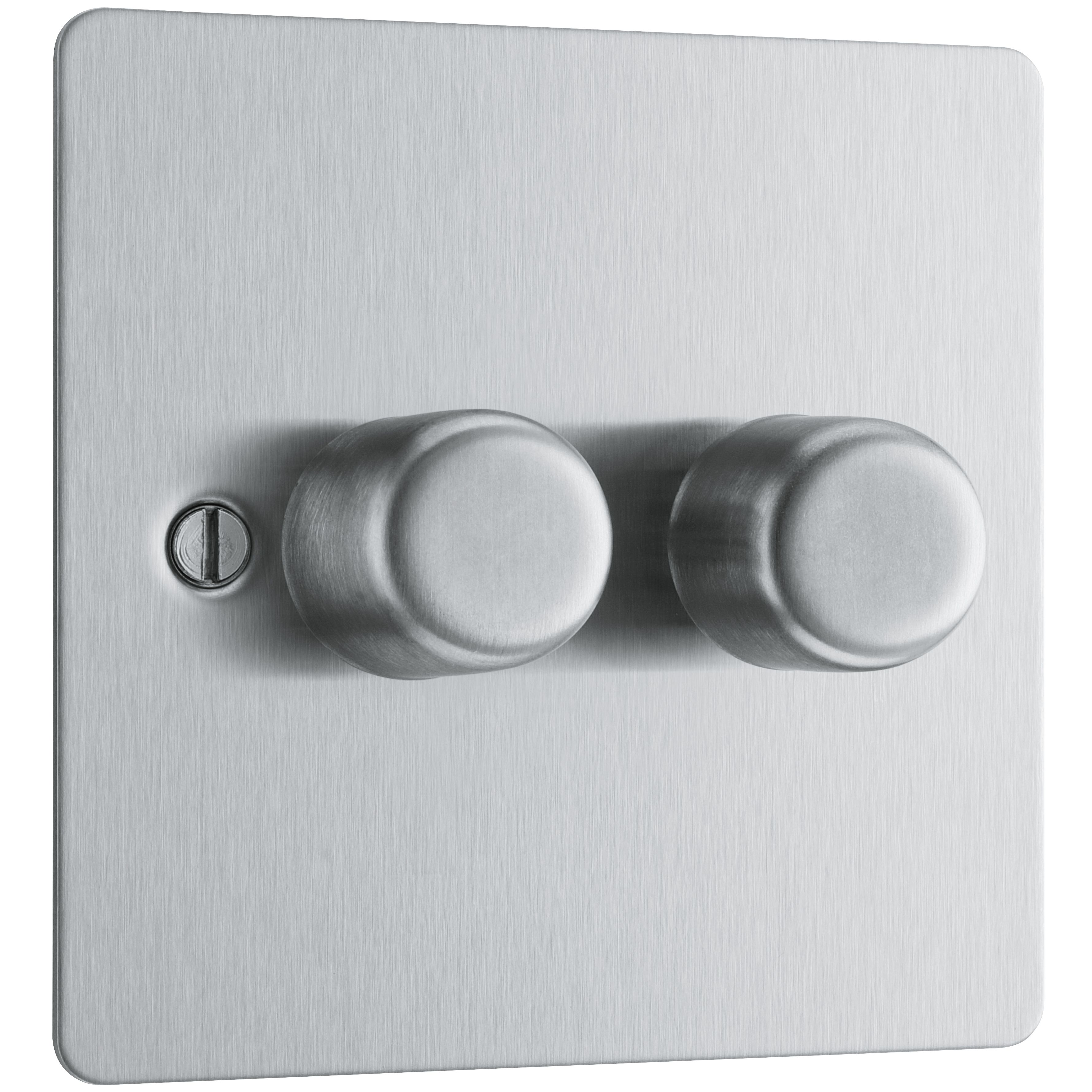BG Flat Matt Silver Steel effect 2 gang profile Double 400W Dimmer switch