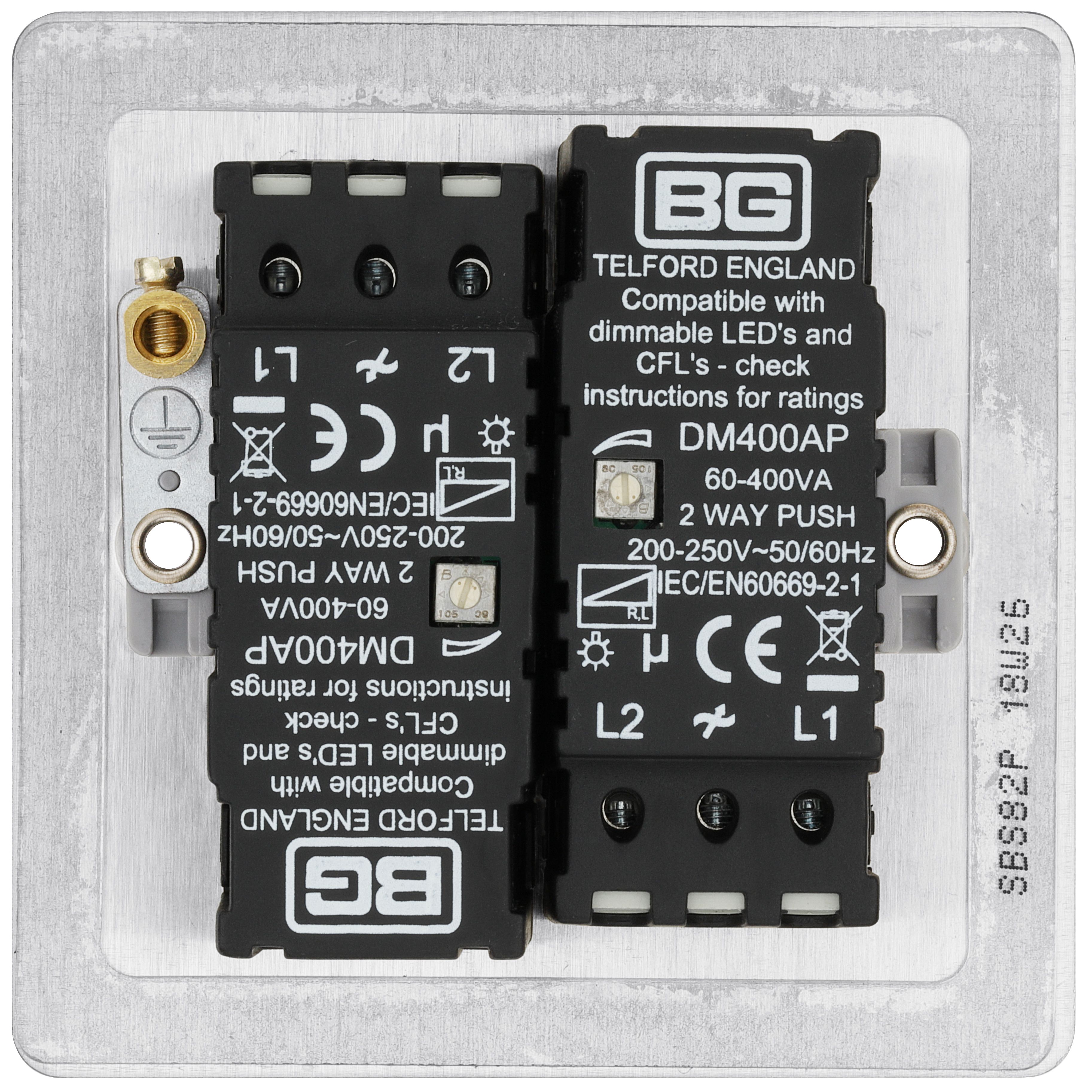 BG Flat Matt Silver Steel effect 2 gang profile Double 400W Dimmer switch