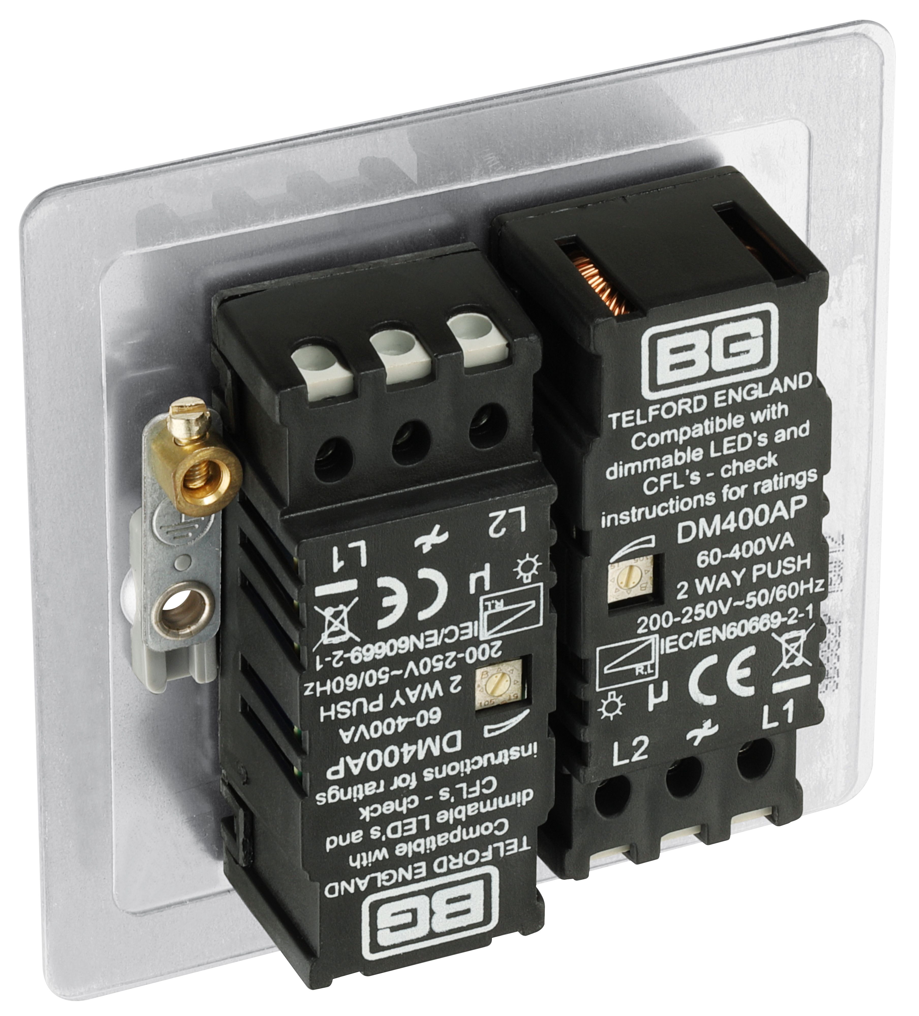 BG Flat Matt Silver Steel effect 2 gang profile Double 400W Dimmer switch