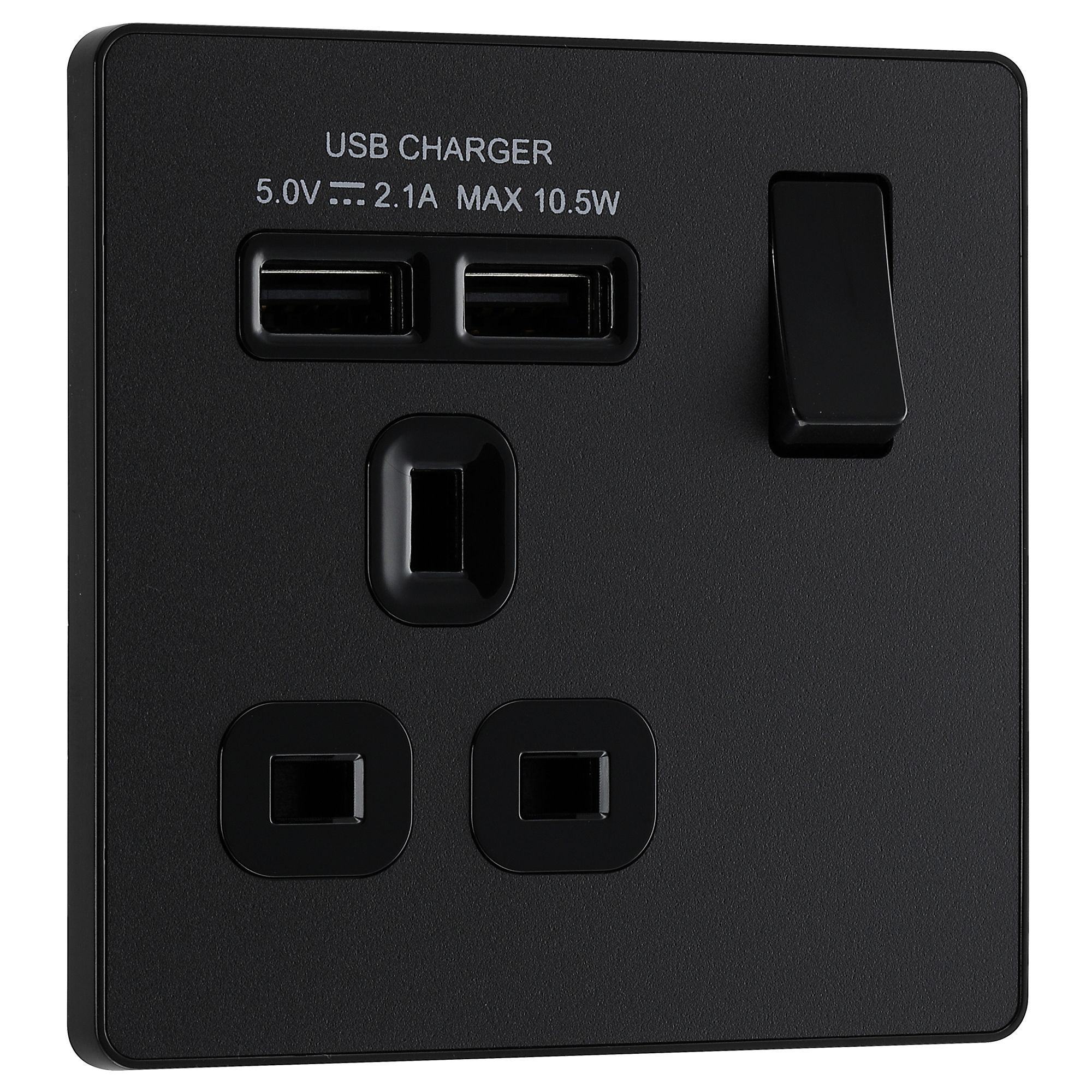 BG Matt Black Single 13A 10W Raised slim Switched Screwless Socket with USB, x2 & Black inserts