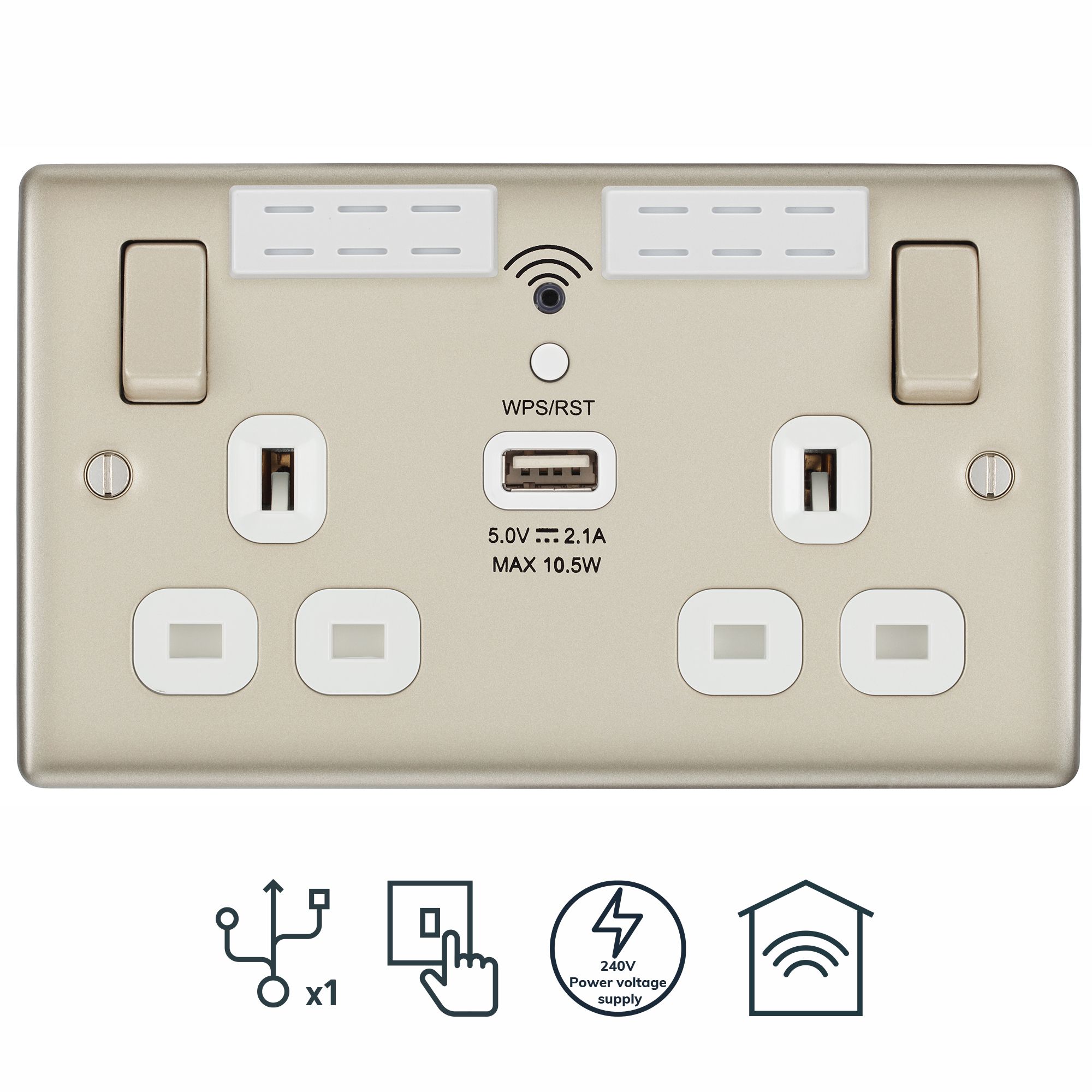 BG Nickel 13A Switched Double WiFi extender socket with USB