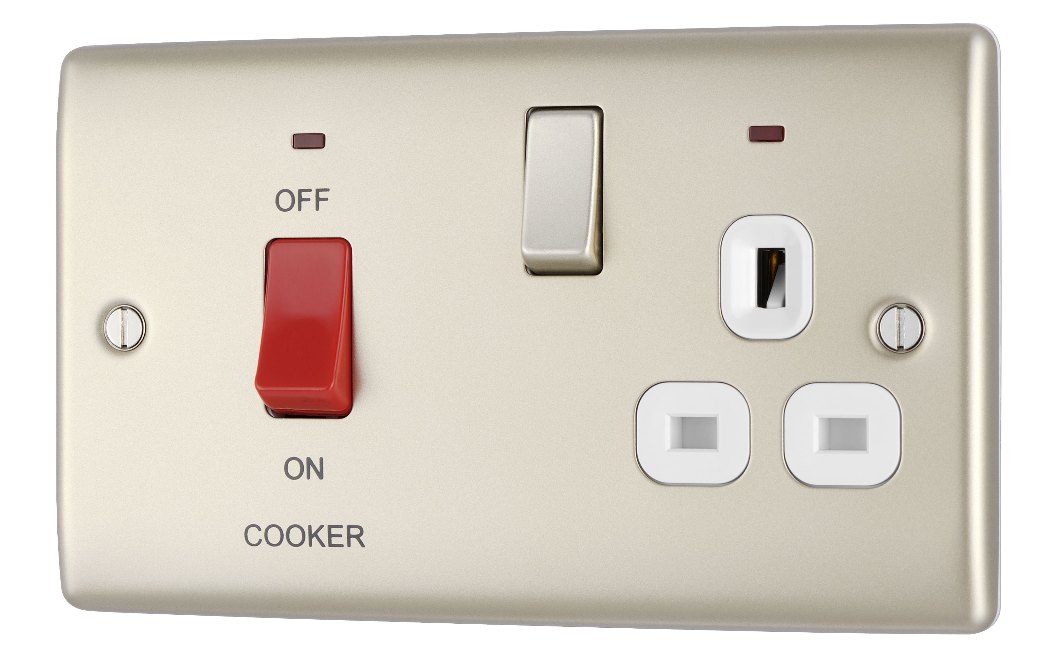 BG Nickel Cooker switch & socket with neon & White inserts