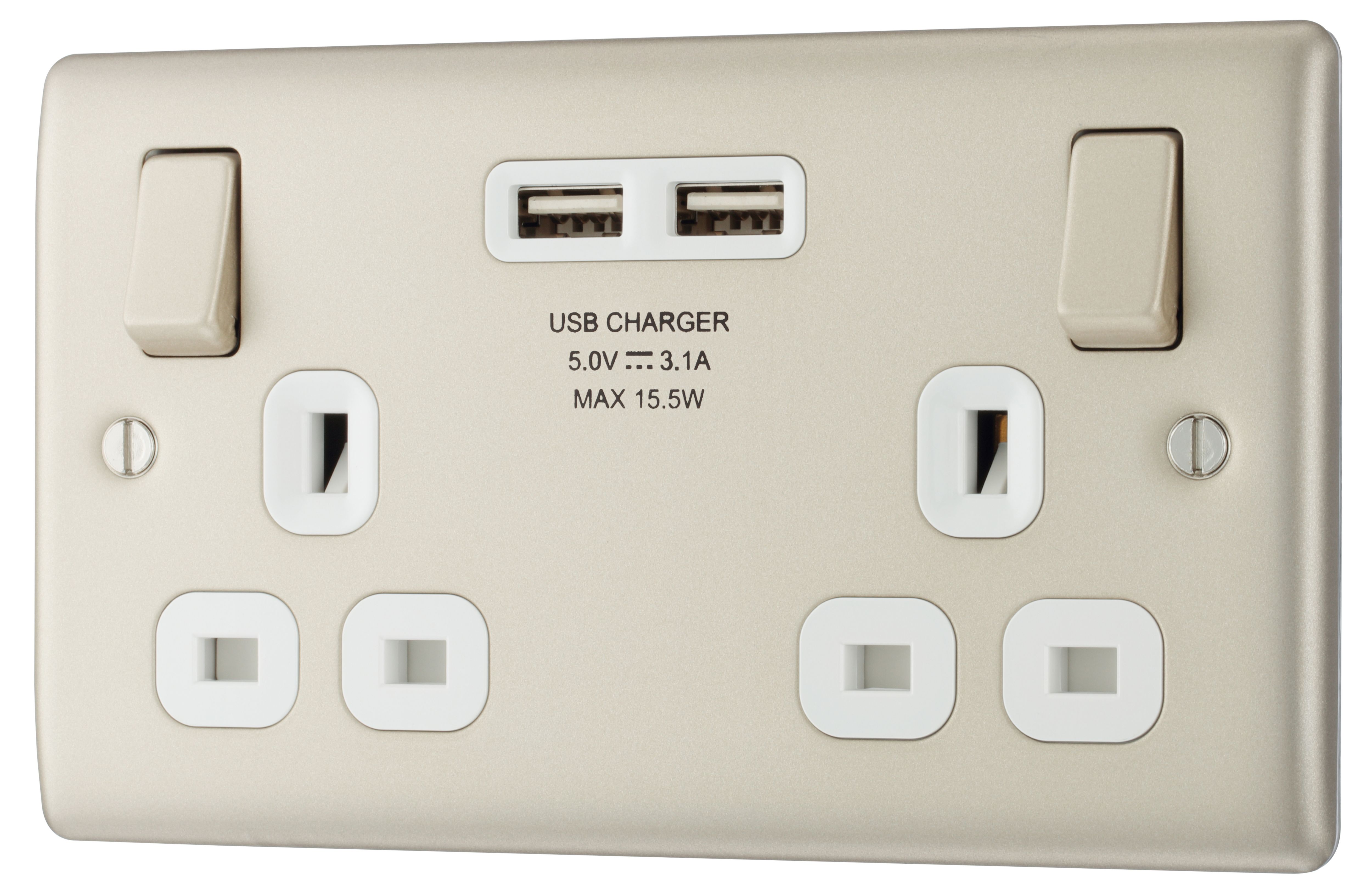 BG Nickel Double 13A Switched Socket with USB x2 3.1A & White inserts