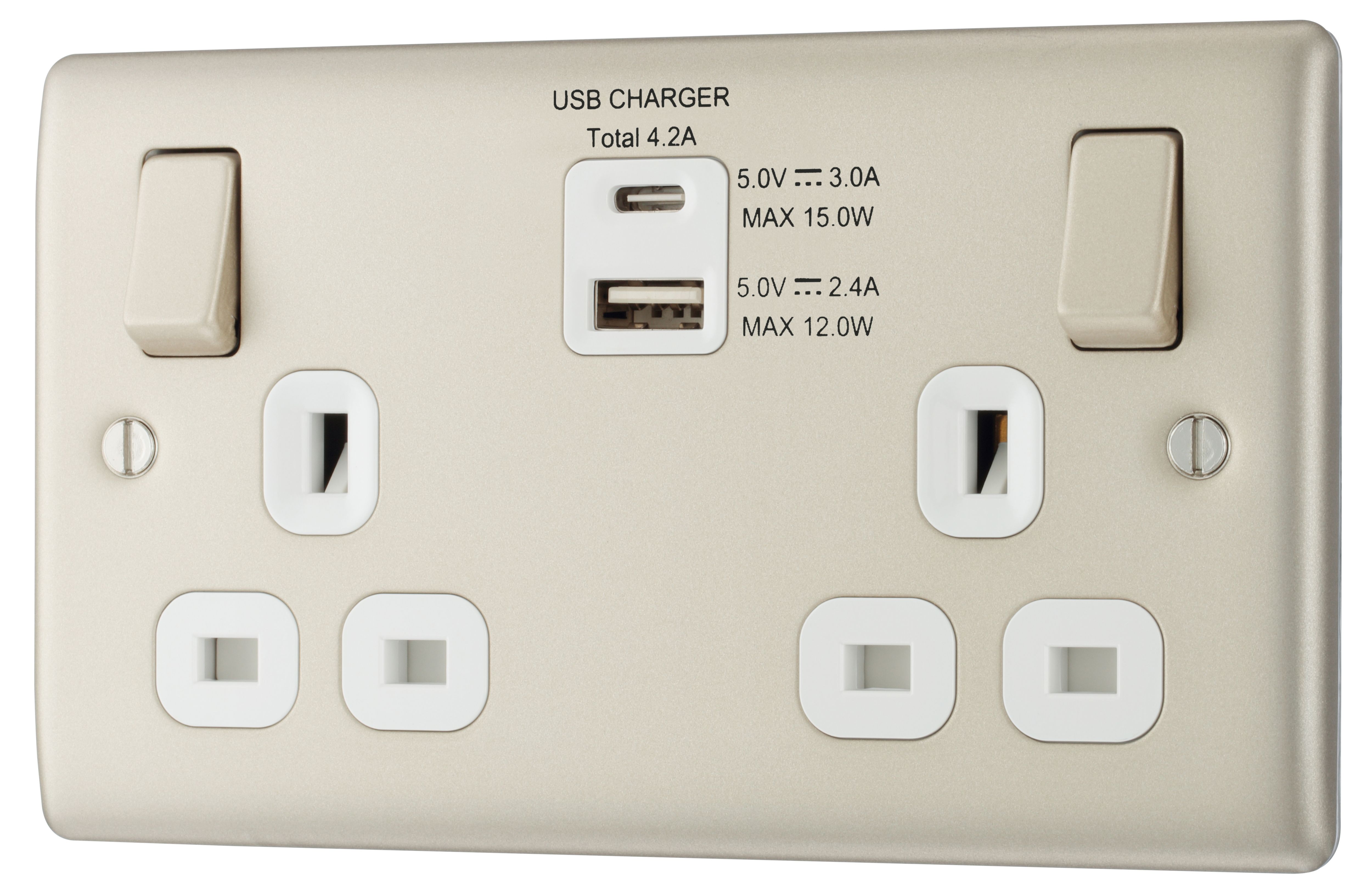 BG Nickel Double 13A Switched Socket with USB x2 4.2A & White inserts