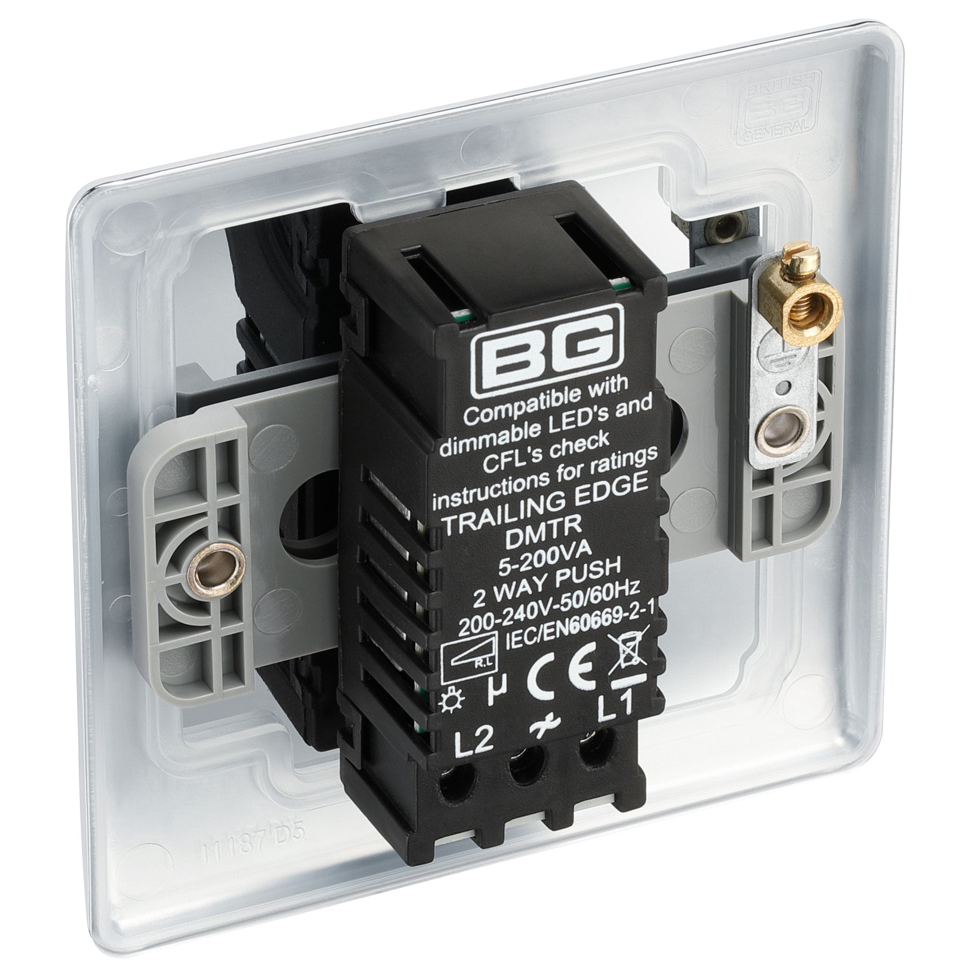 BG Raised slim Silver Chrome effect 1 gang profile Single 200W Dimmer switch