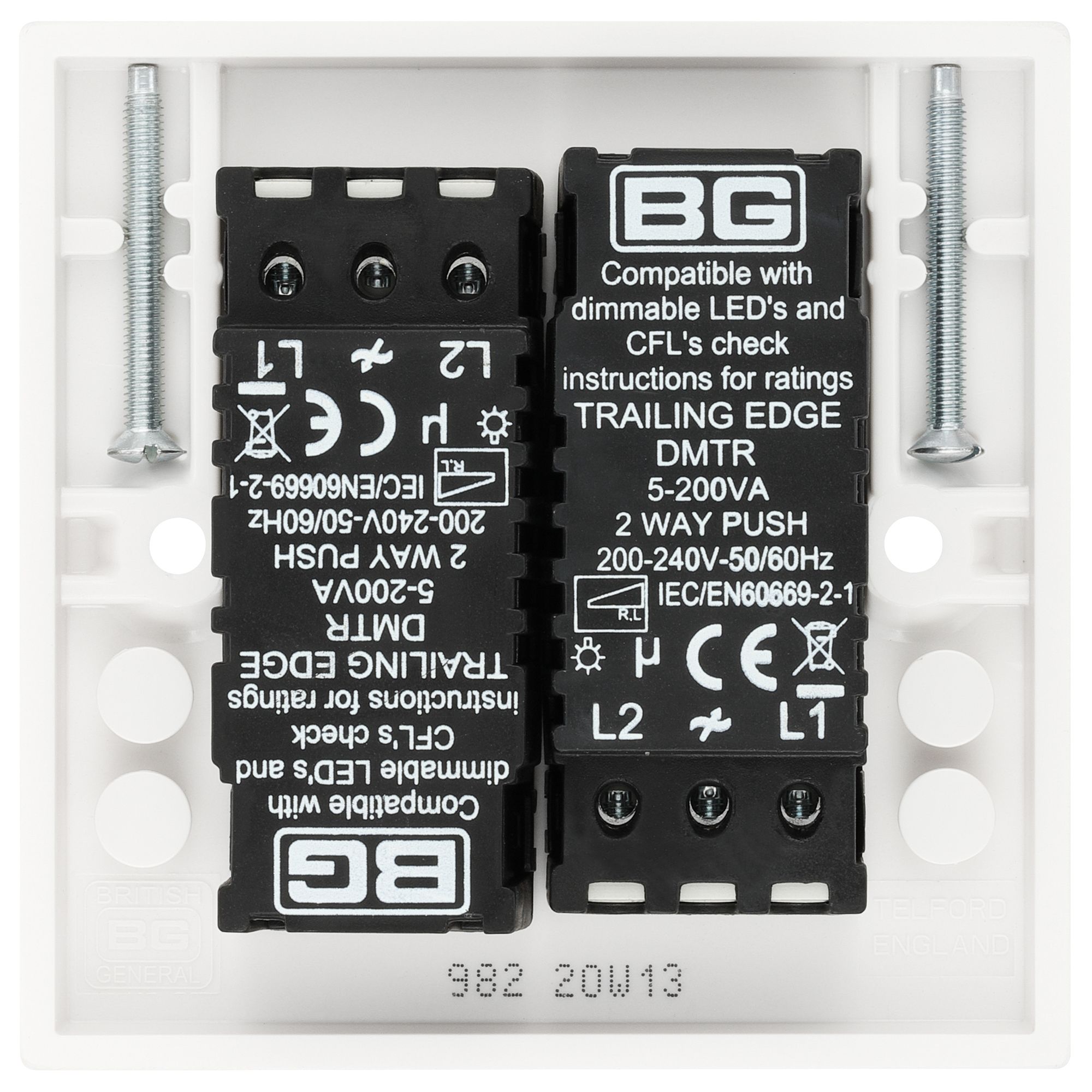 BG Raised square profile Double 2 way 200W Dimmer switch White 2 gang