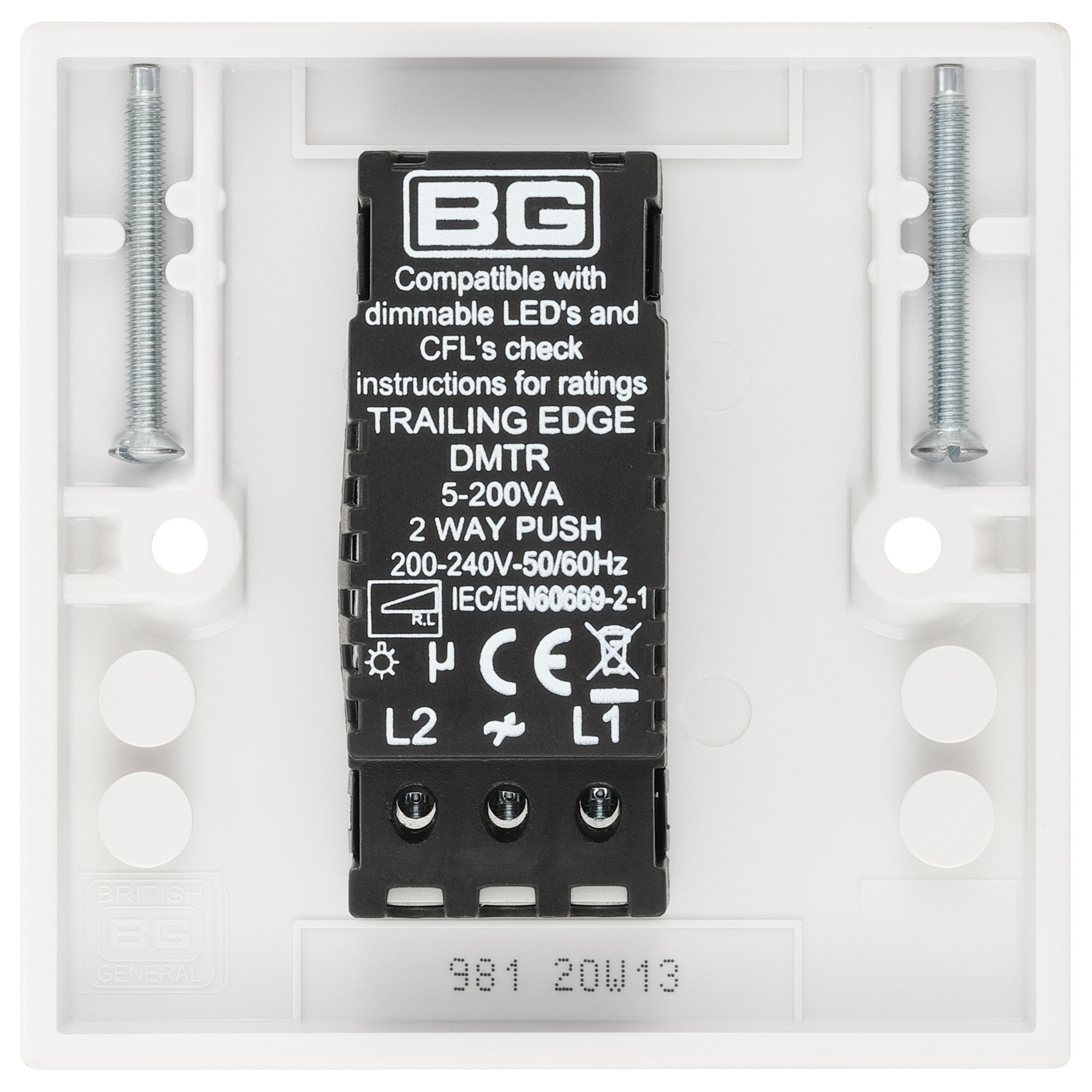 BG Raised square profile Single 2 way 200W Dimmer switch White 1 gang
