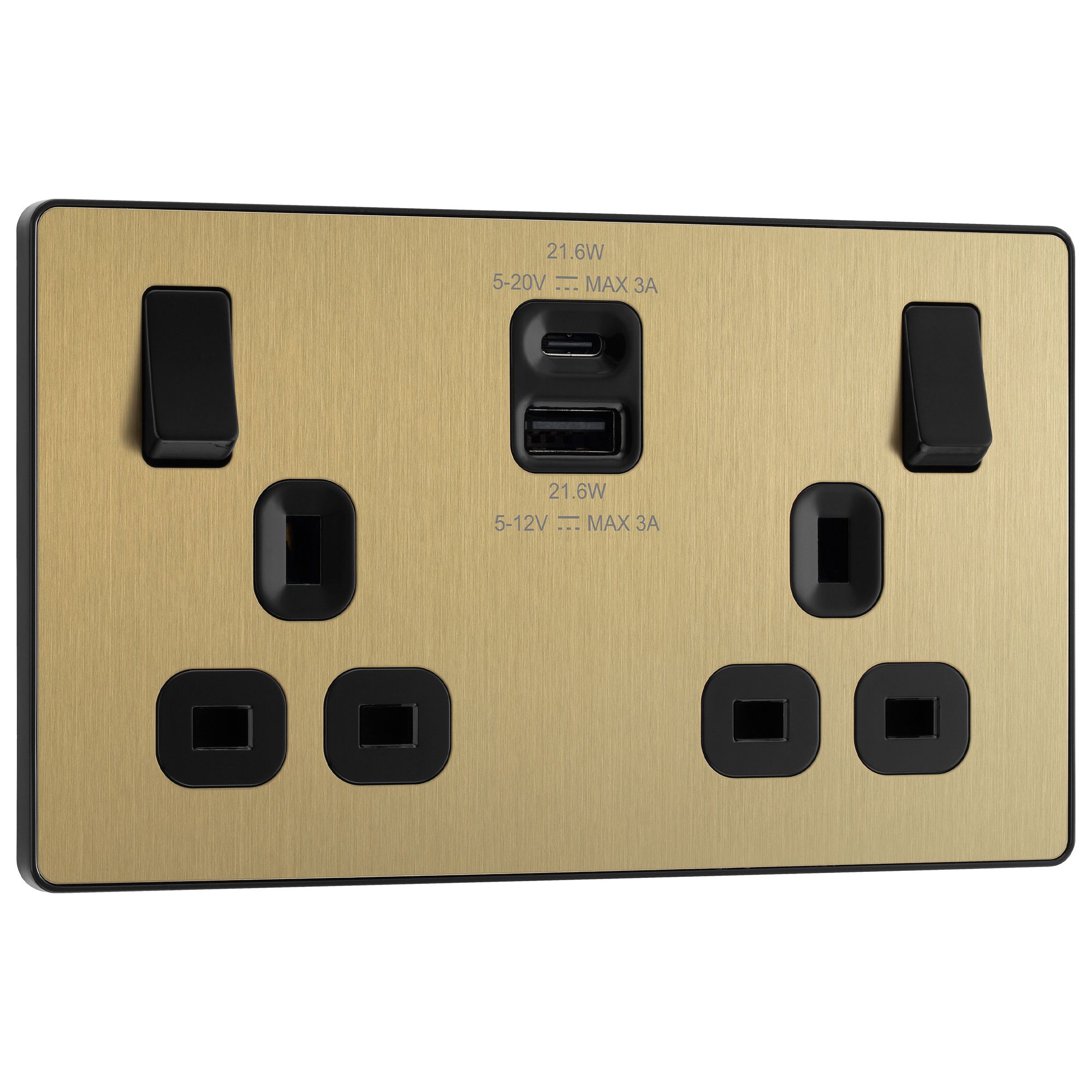 BG Satin Brass Double 13A Raised slim Switched Socket with USB, x2 