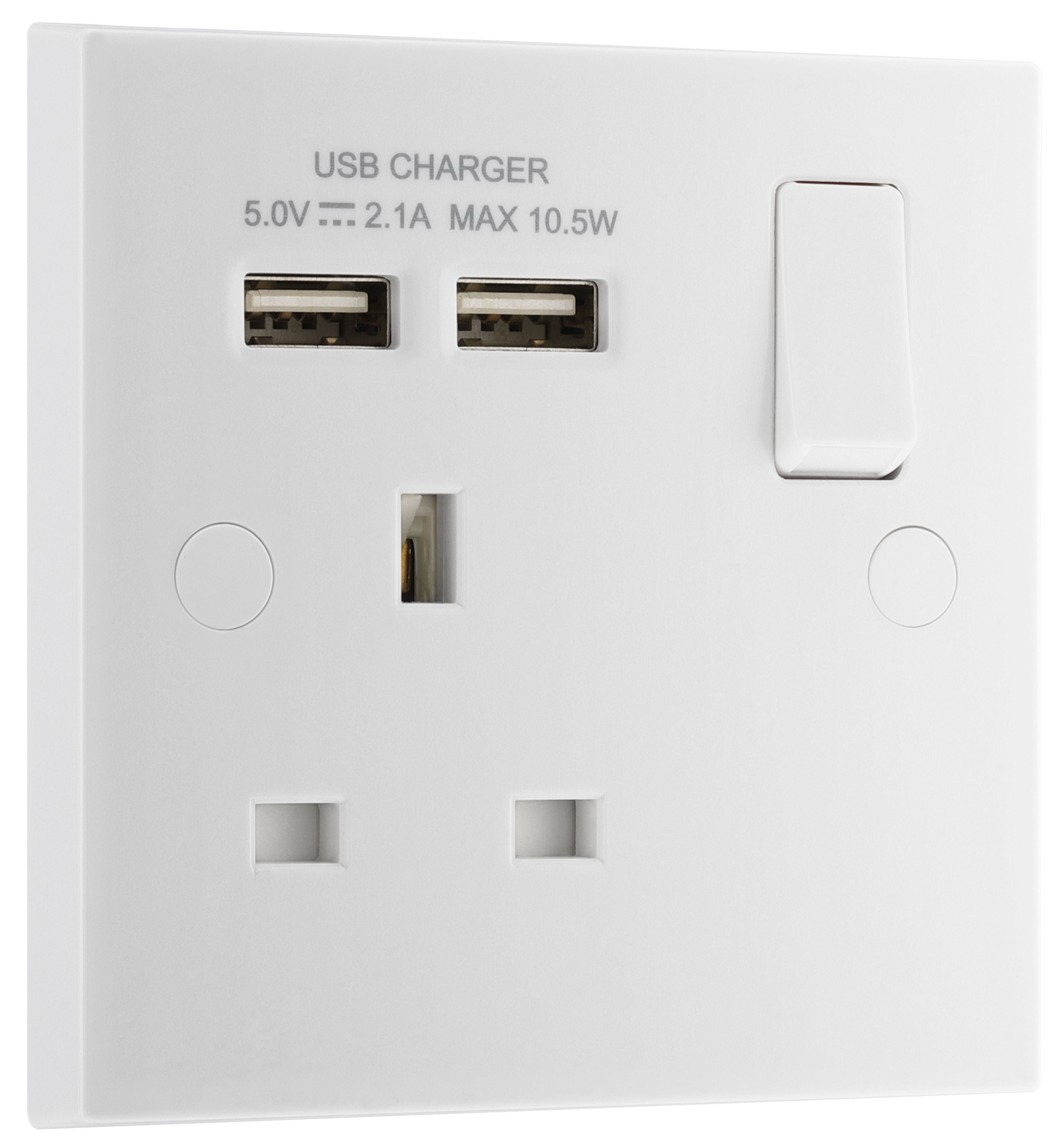 BG Single 13A Switched Gloss White Socket with USB x2 2.1A