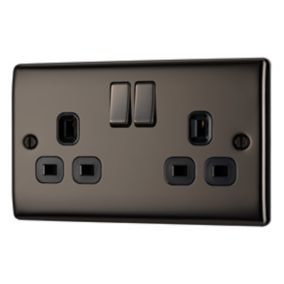 BG Stainless steel Gloss black nickel effect Double 13A Switched Socket with Black inserts
