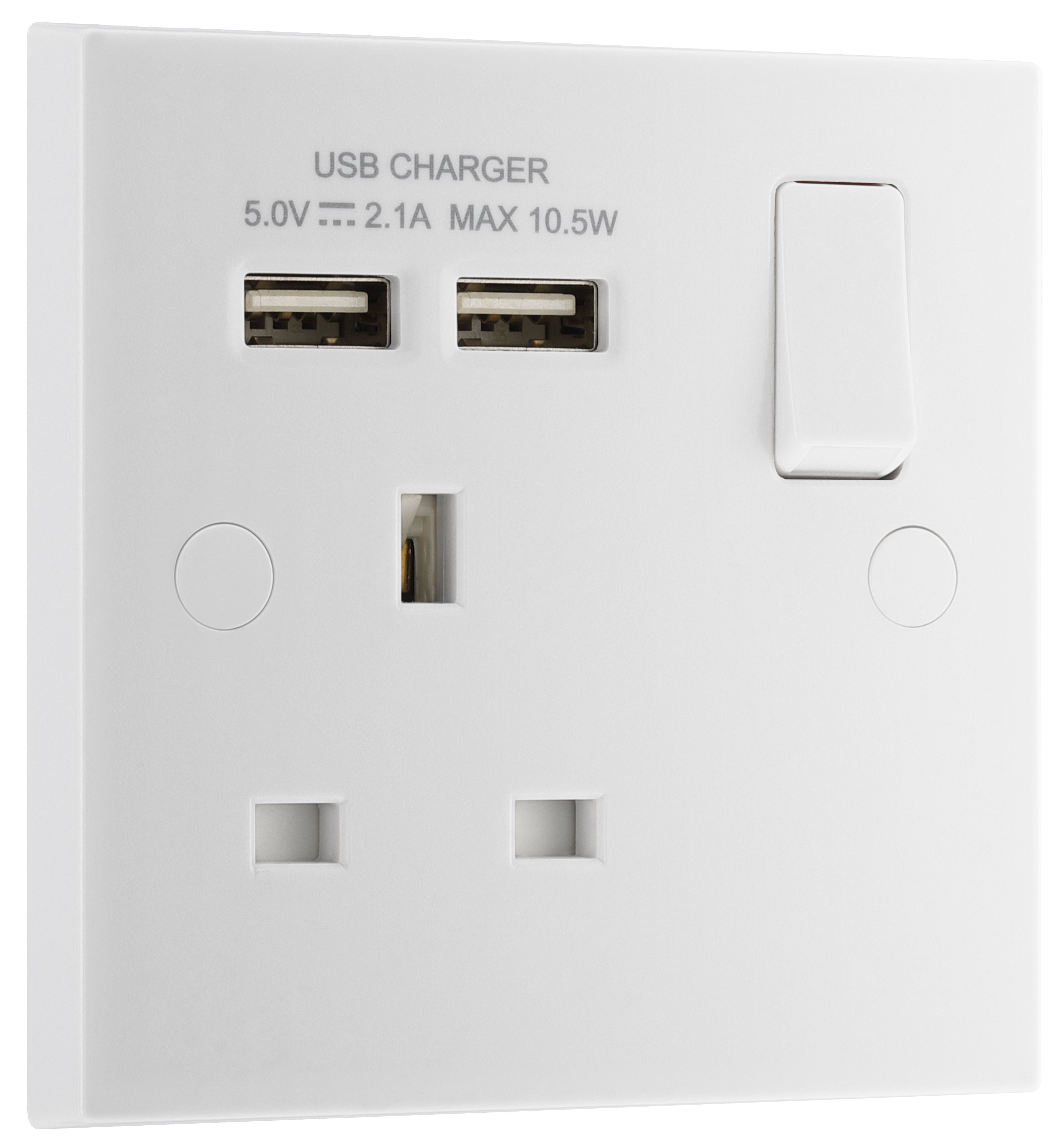 BG White Single 13A Raised square Switched Screwed Socket with USB, x2 & White inserts