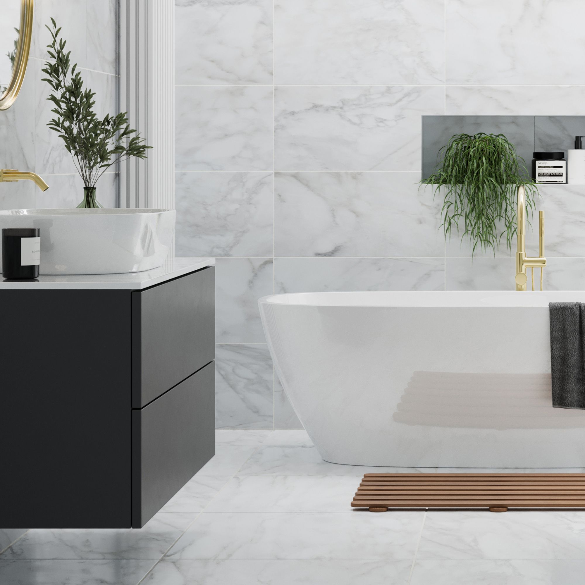 Bianco Taupe Satin Marble effect Ceramic Wall & floor Tile, Pack of 5, (L)600mm (W)300mm