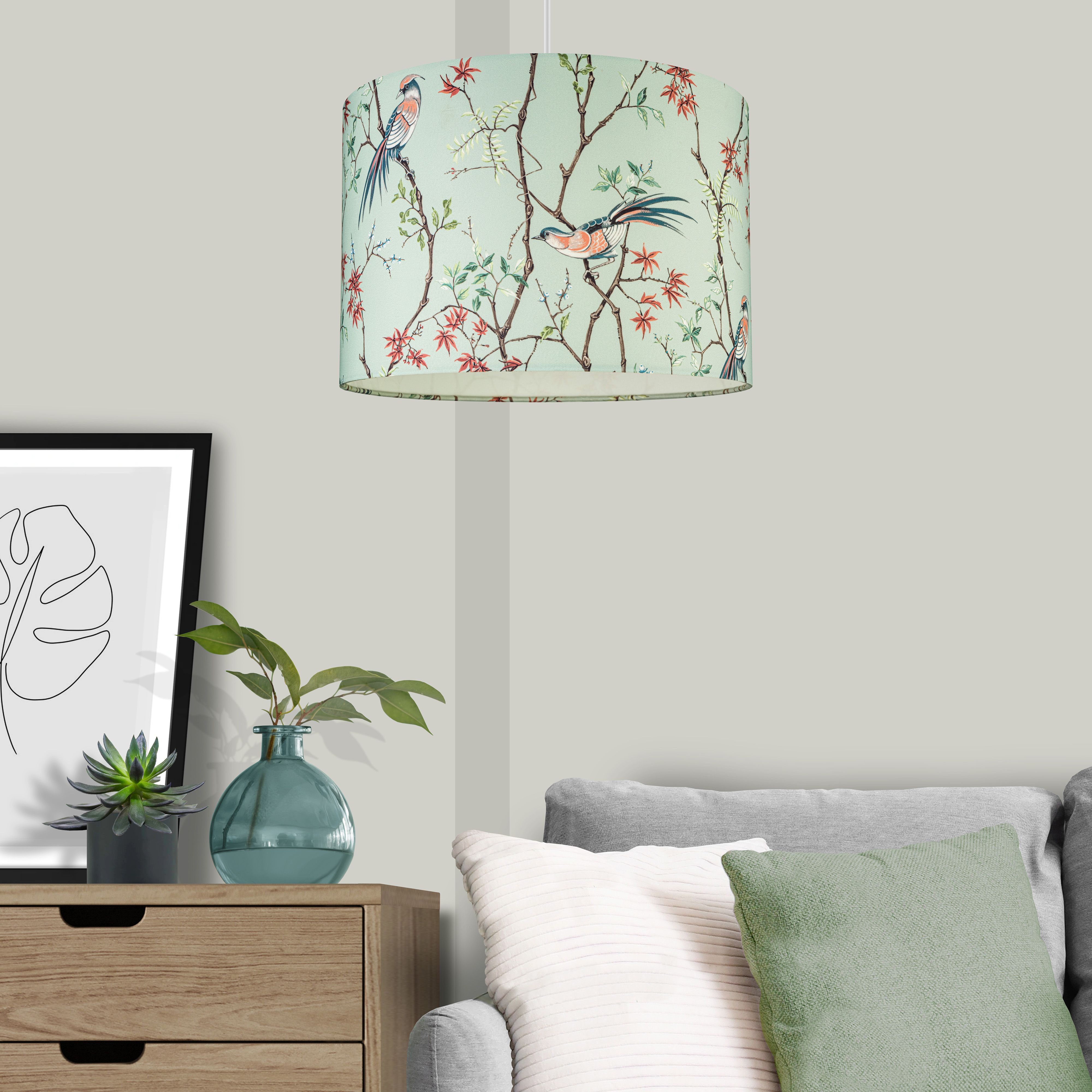 Biyu Mint & Red Bird Drum Lamp shade (D)30cm