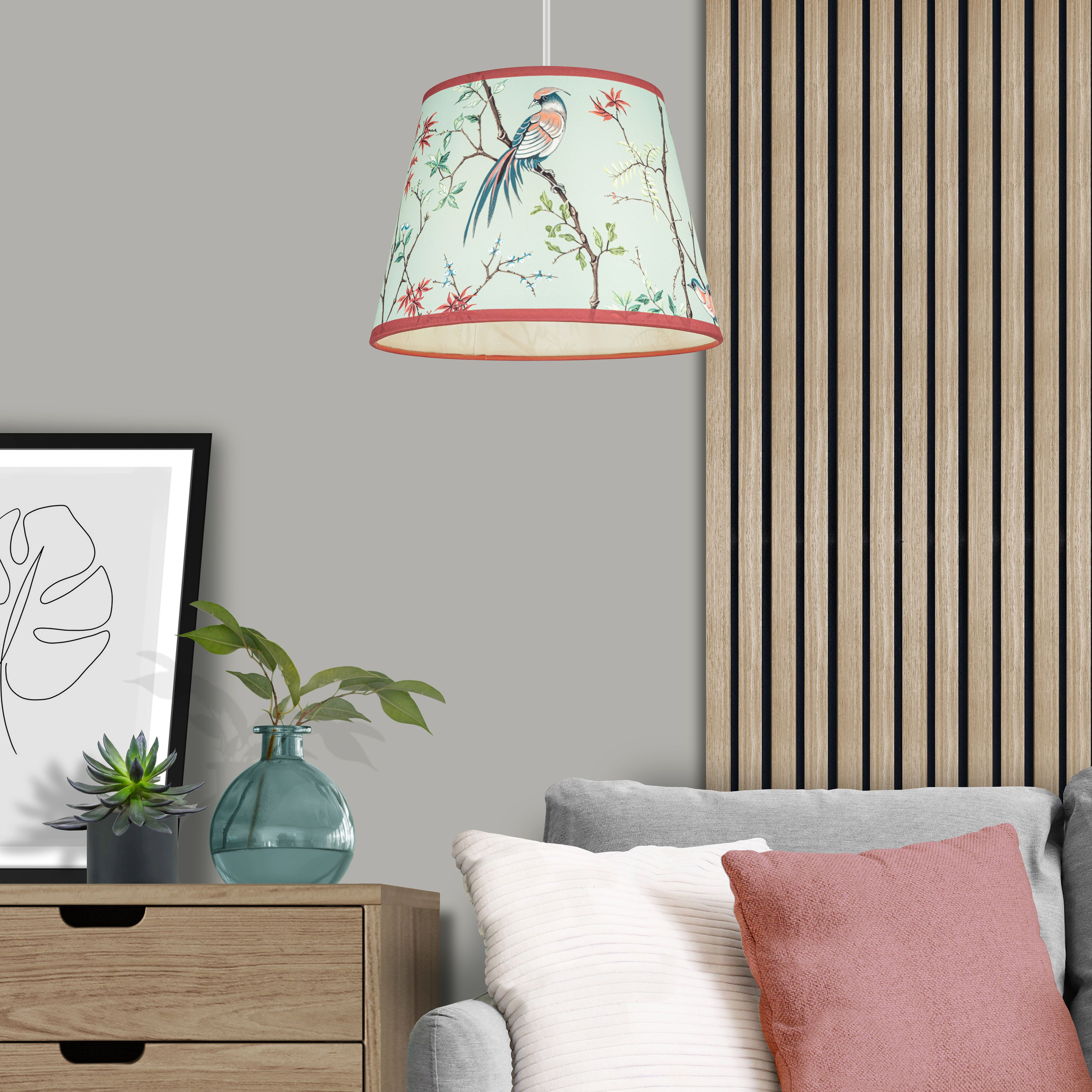 Biyu Mint & Red Bird Tapered Lamp shade (D)25cm