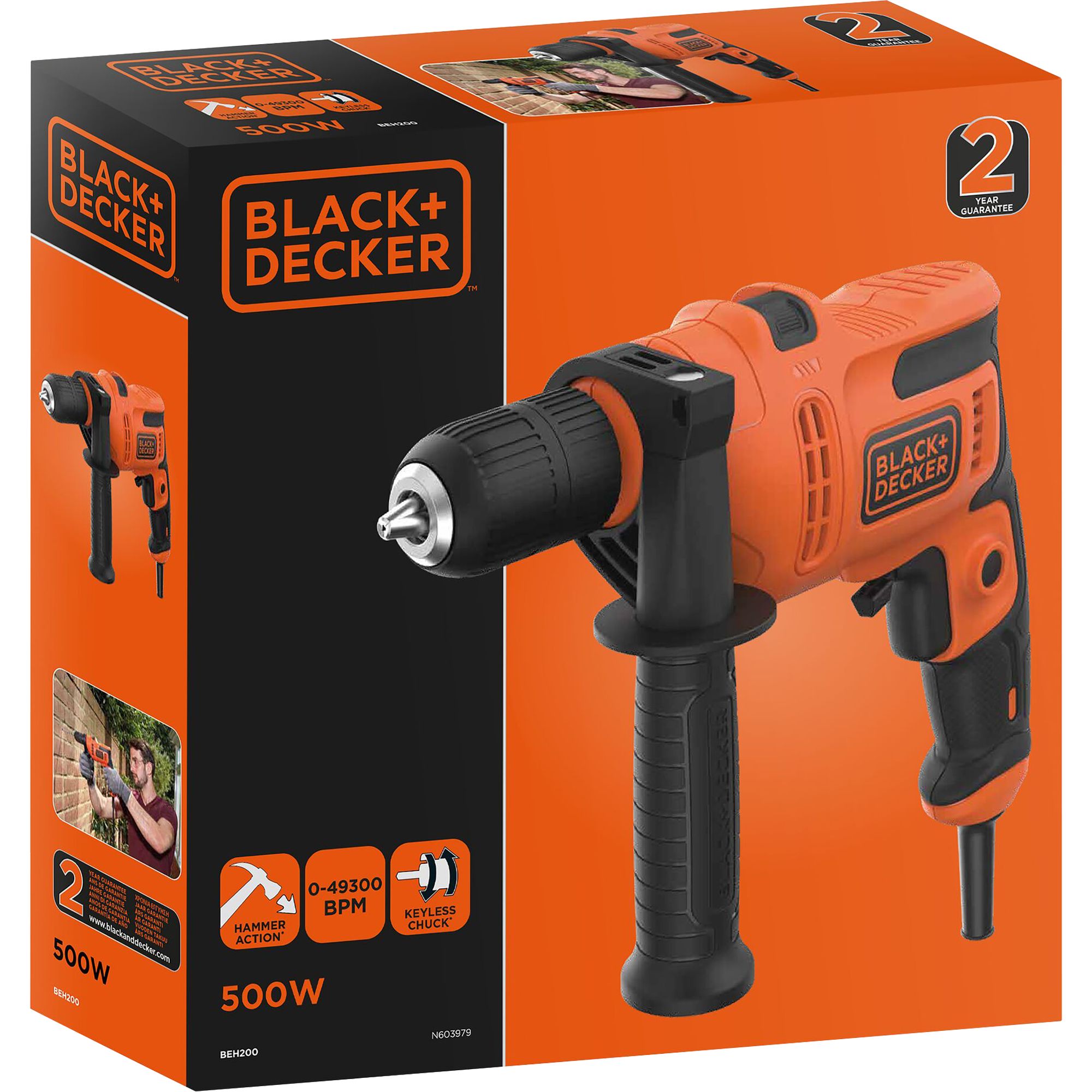 Black+Decker 240V 500W Corded Hammer drill BEH200-GB